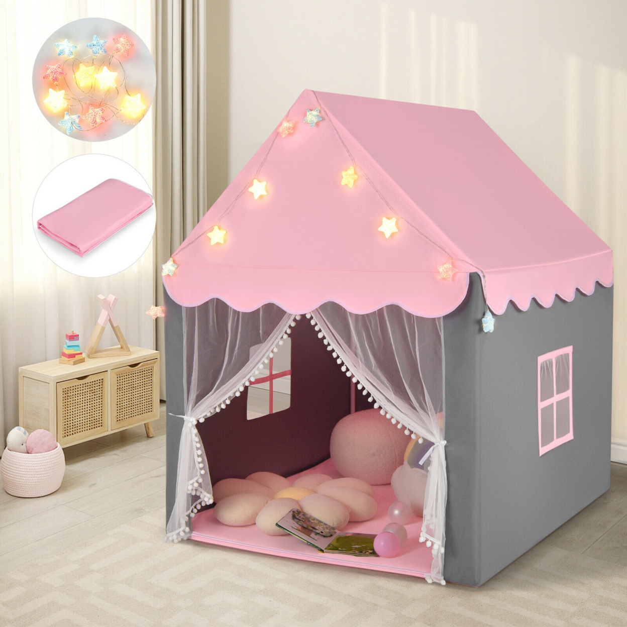 Kids Playhouse Tent Large Castle Fairy Tent Gift W/Star Lights Mat - Pink + Gray