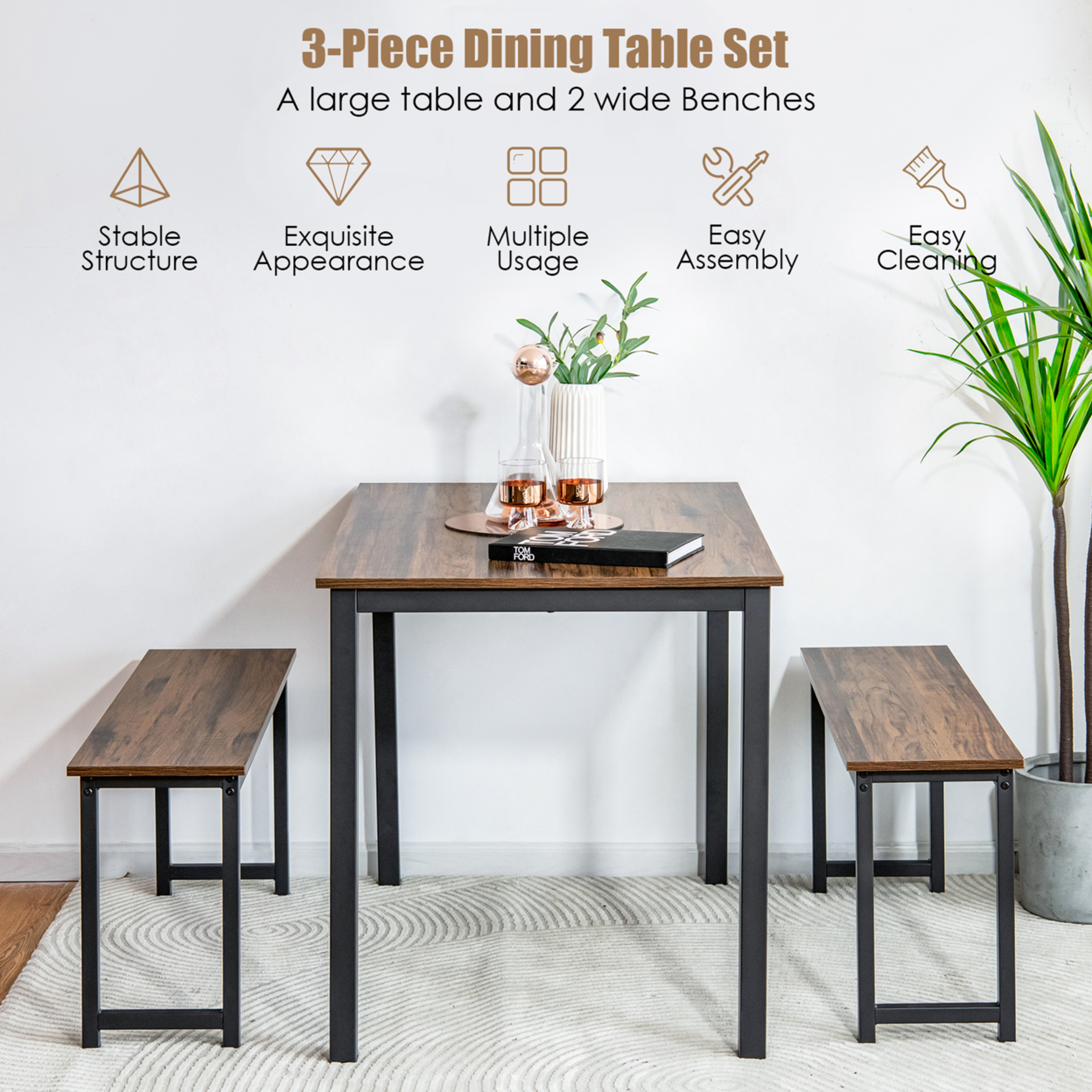 Modern 3 PCS Dining Table Bench Set W/ Metal Frame & Wooden Tabletop - Natural