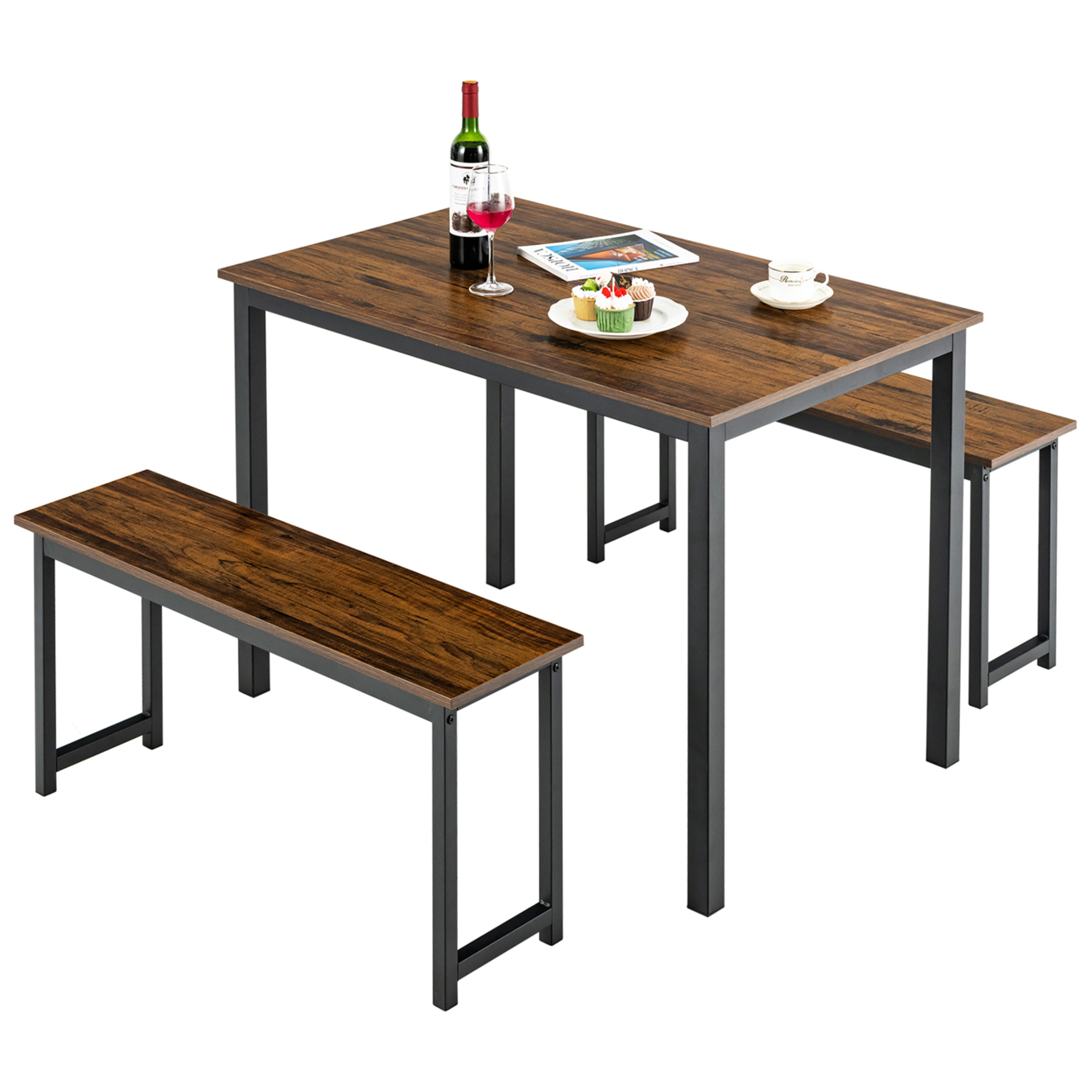 Modern 3 PCS Dining Table Bench Set W/ Metal Frame & Wooden Tabletop - Retro Brown