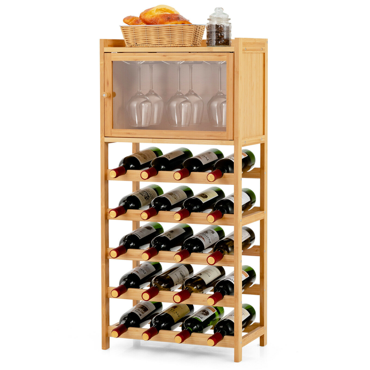 20-Bottle Bamboo Wine Rack Cabinet Freestanding Display Shelf W/ Glass Hanger