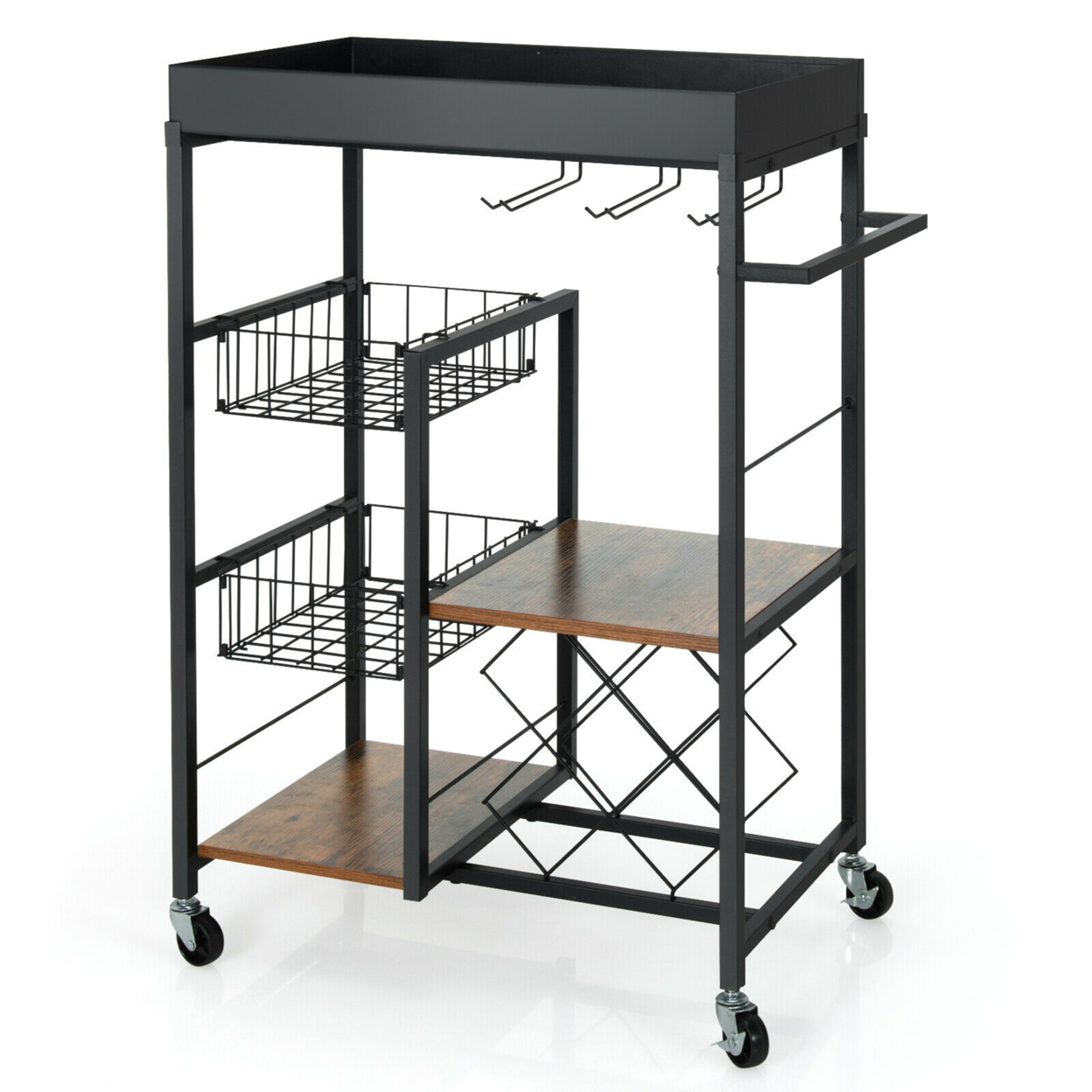 4-Tier Kitchen Bar Cart Rolling Serving Trolley Wine Rack Removable Tray Basket