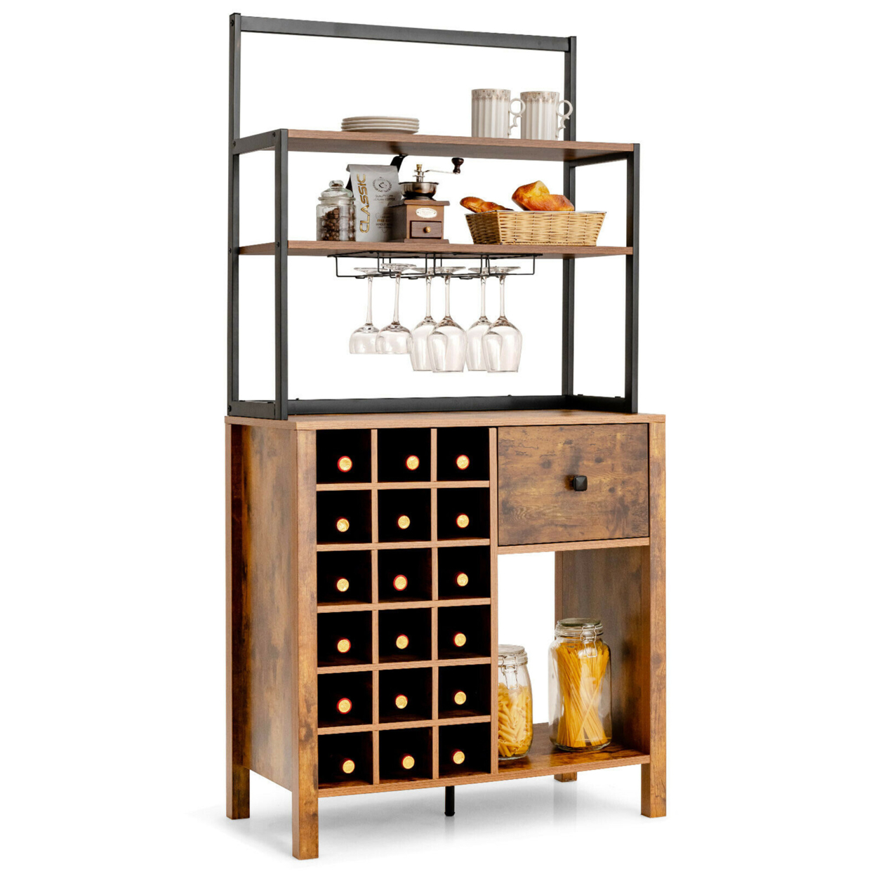 Gymax Kitchen Bakers Rack Freestanding Wine Rack Table w/ Glass Holder & Drawer Black / Rustic - Rustic