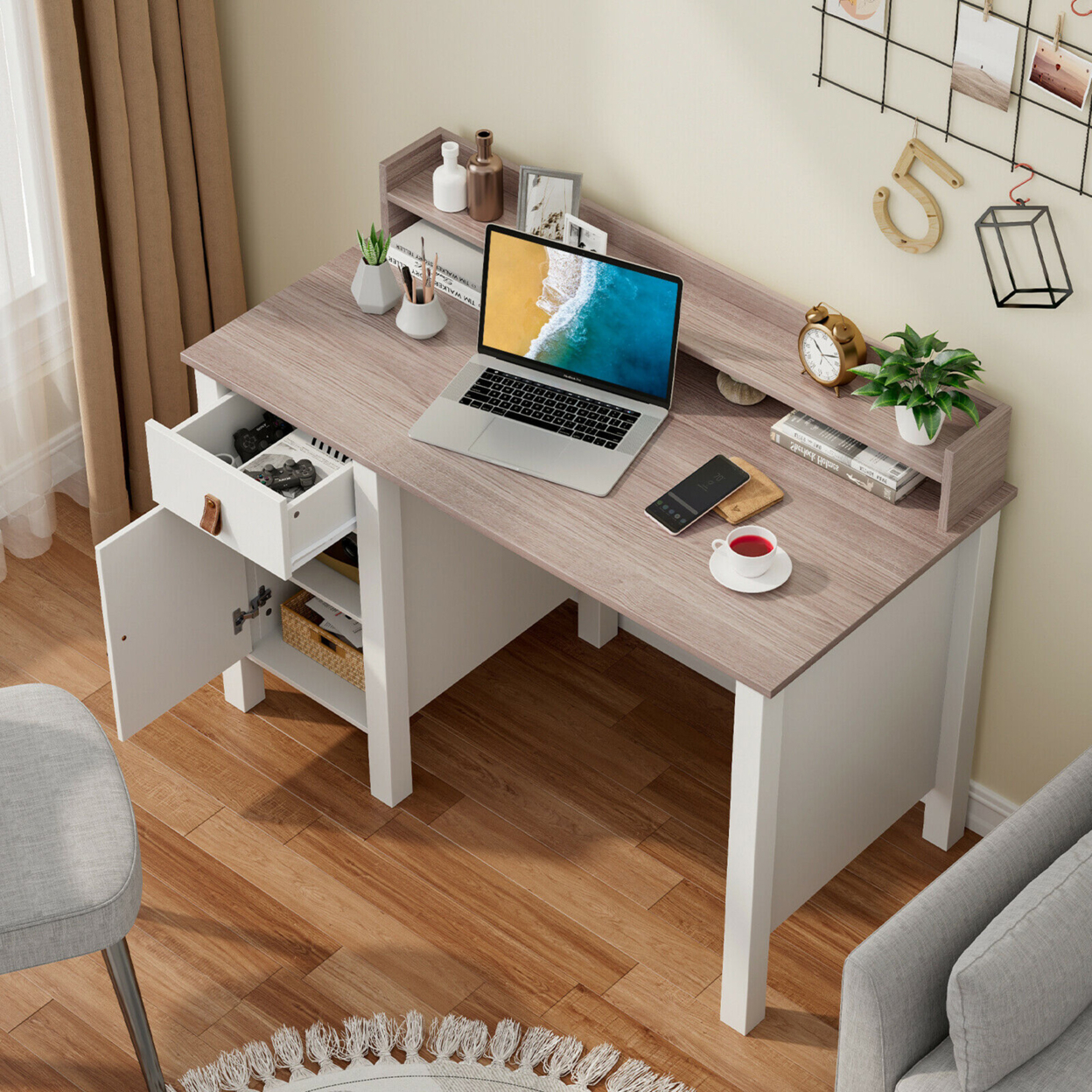 Computer Desk Home Office Writing Workstation W/ Drawer & Hutch - Walnut