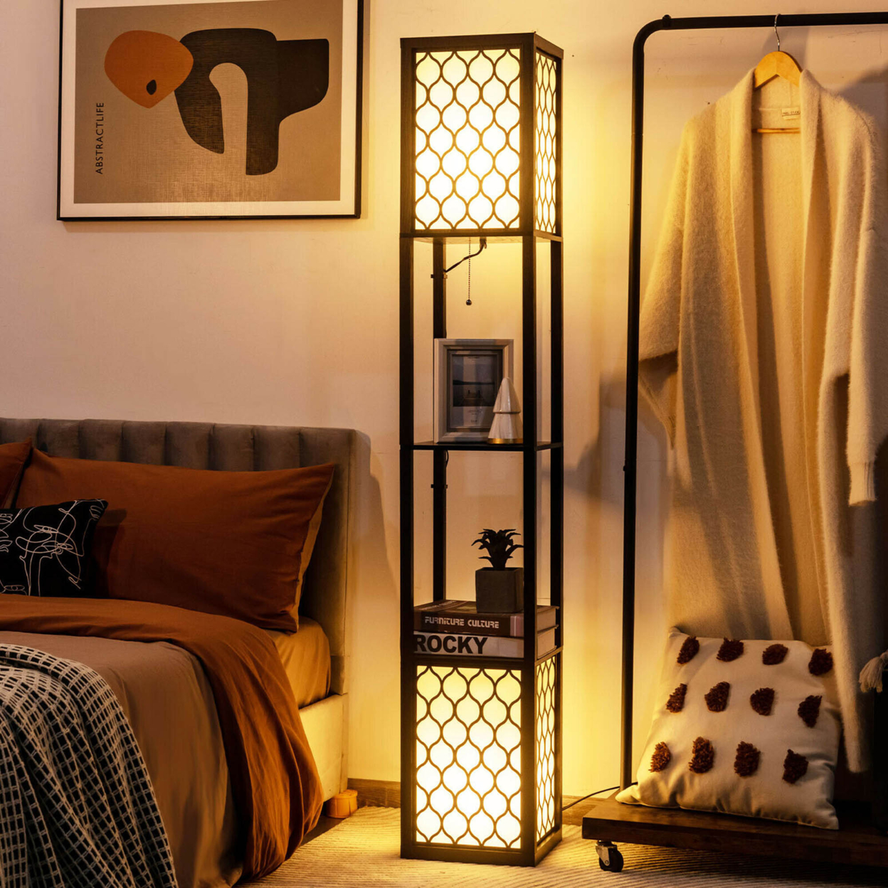 Modern Shelf Floor Lamp Freestanding Double Lamp Pull Chain & Foot Switch