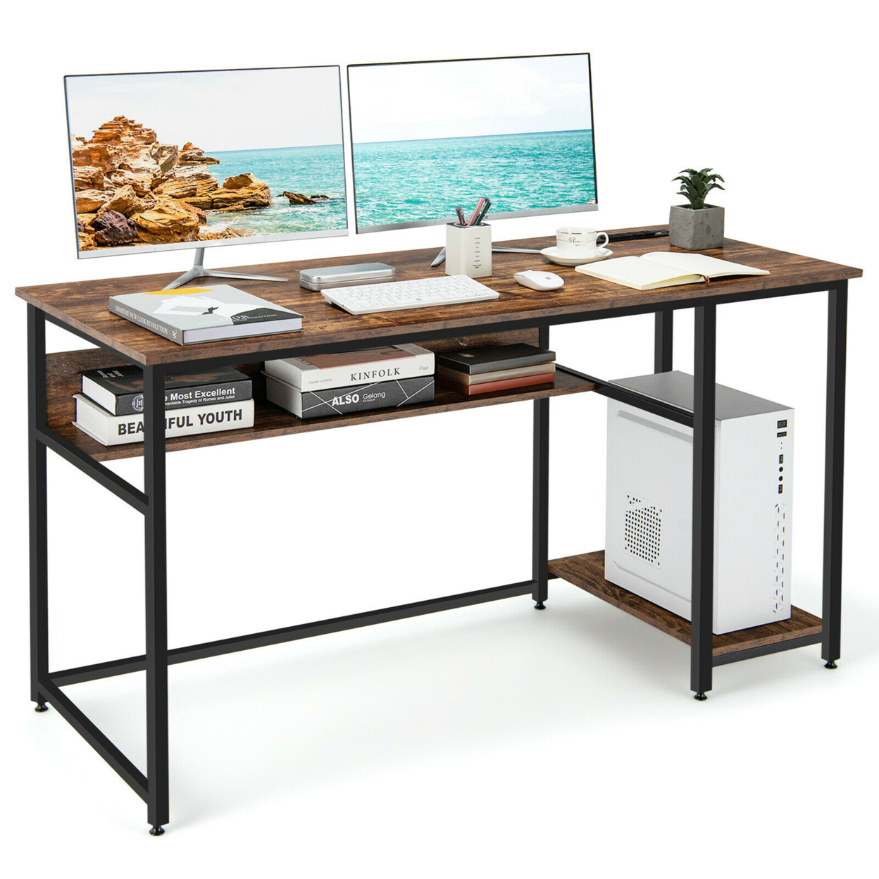56'' Computer Desk Home Office PC Workstation W/ Power Outlets & USB Ports Rustic / Black - Rustic Brown