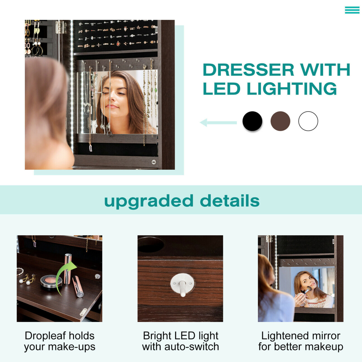 Mirror Jewelry Cabinet 96 LED Lights Wall Door Mounted Armoire W/ Makeup Rack - Brown