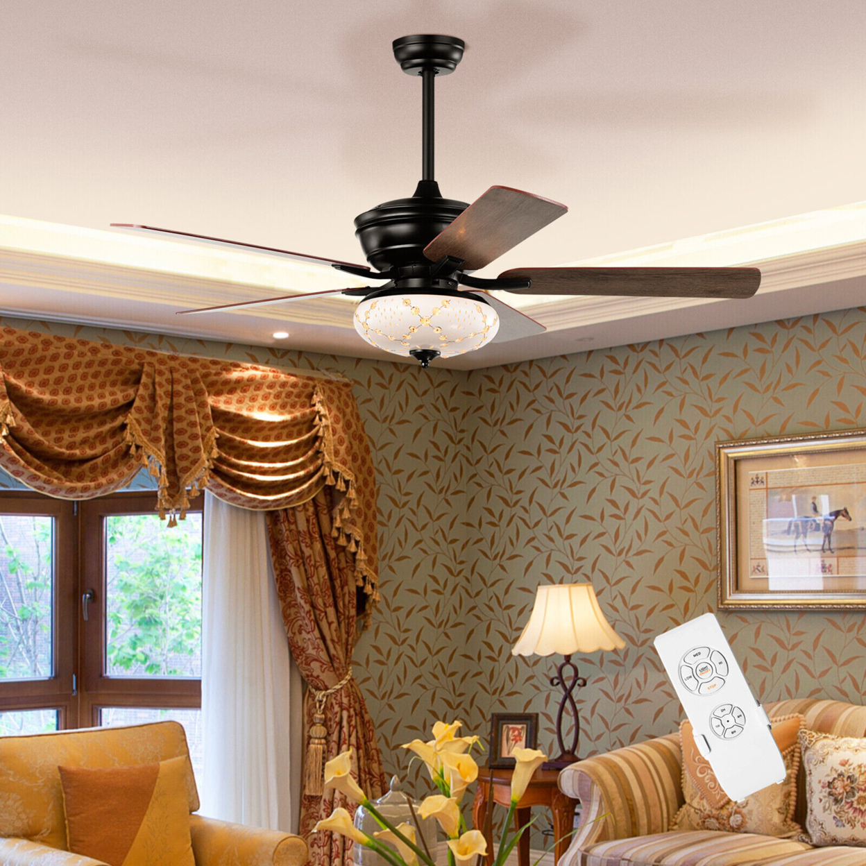 52'' Ceiling Fan With 3 Wind Speeds 5 Reversible Blades & Remote Control - Matte Black