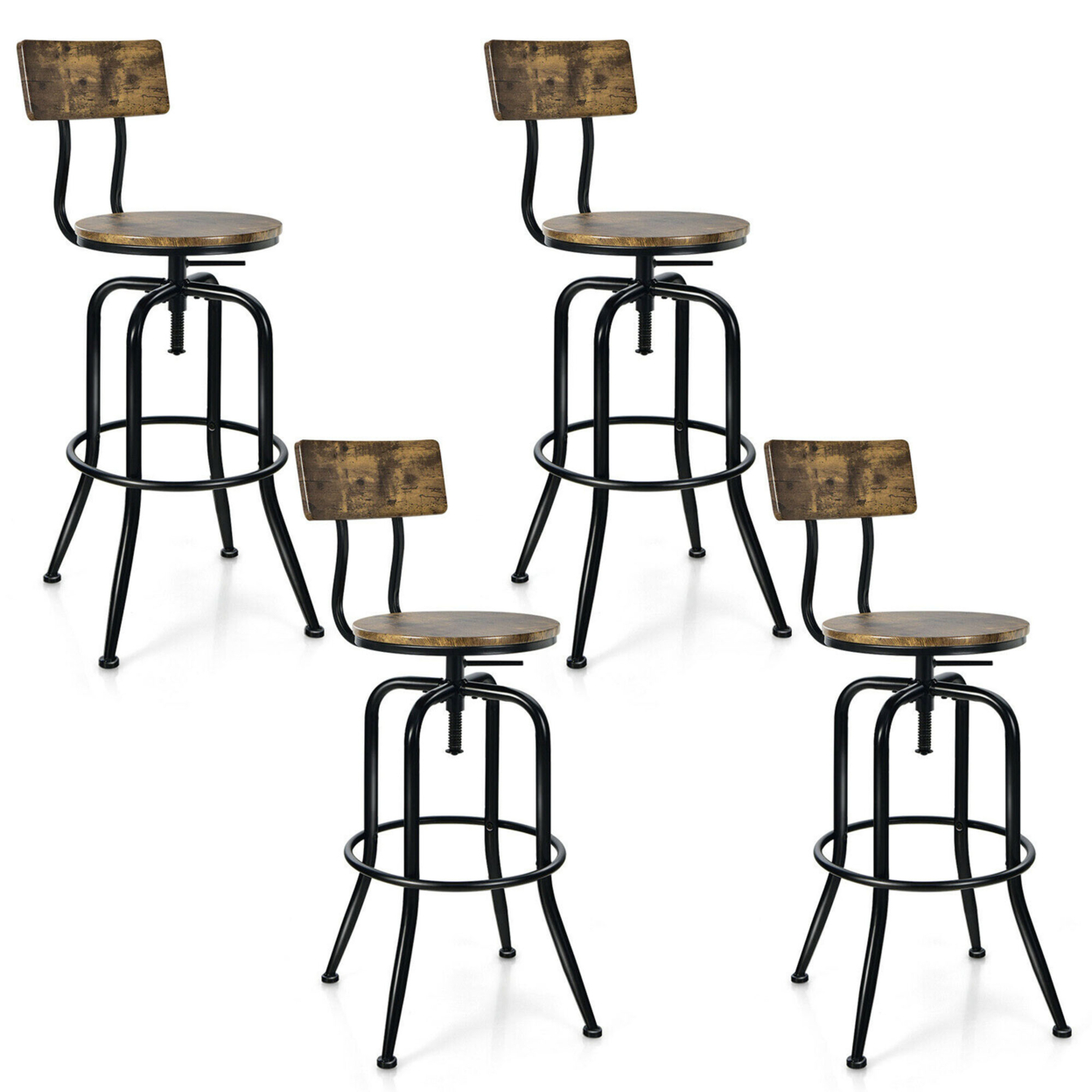 Set Of 4 Industrial Bar Stool Adjustable Swivel Counter-Height Dining Side Chair