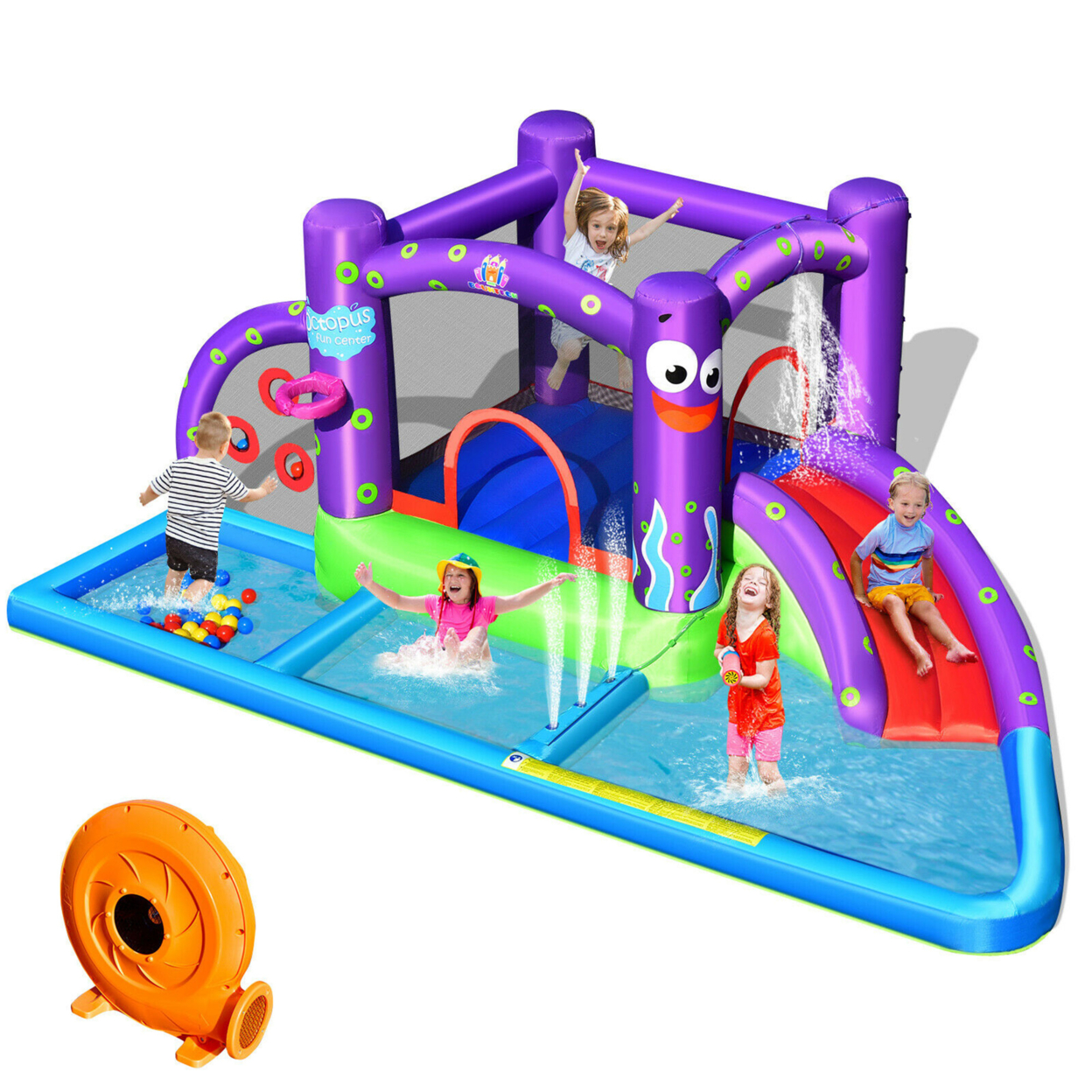 Inflatable Water Slide Castle Kids Bounce House W/ Octopus Style & 750W Blower