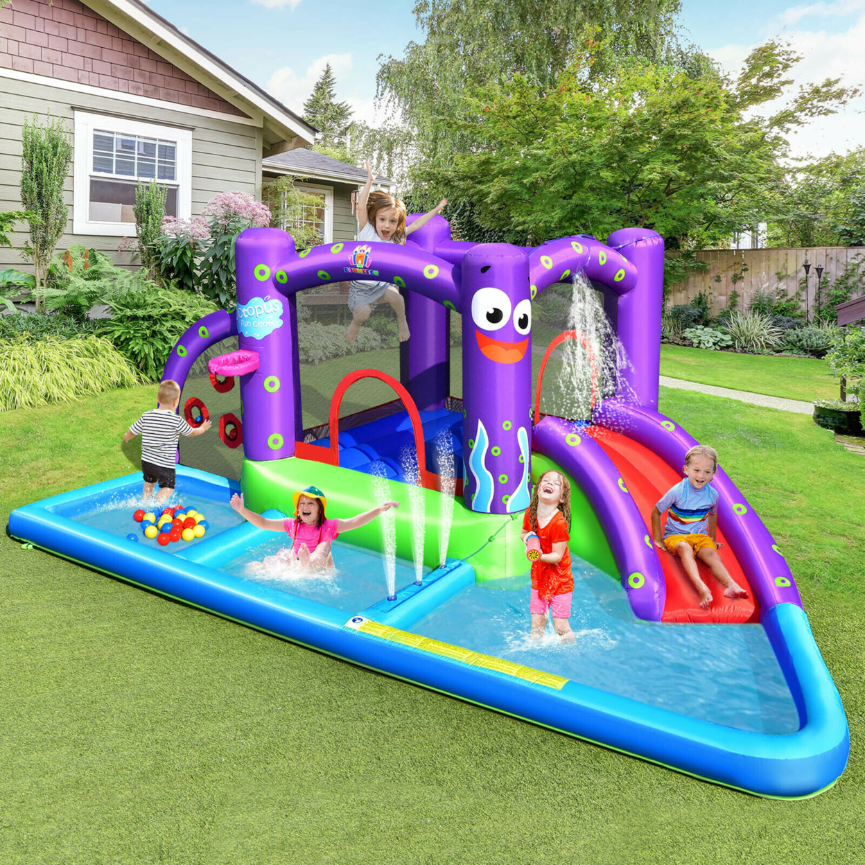 Inflatable Water Slide Castle Kids Bounce House W/ Octopus Style & 750W Blower
