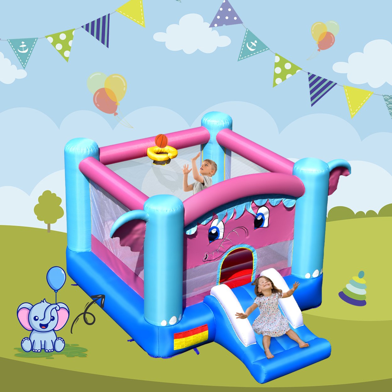 Inflatable Bounce House 3-in-1 Elephant Theme Inflatable Castle Without Blower
