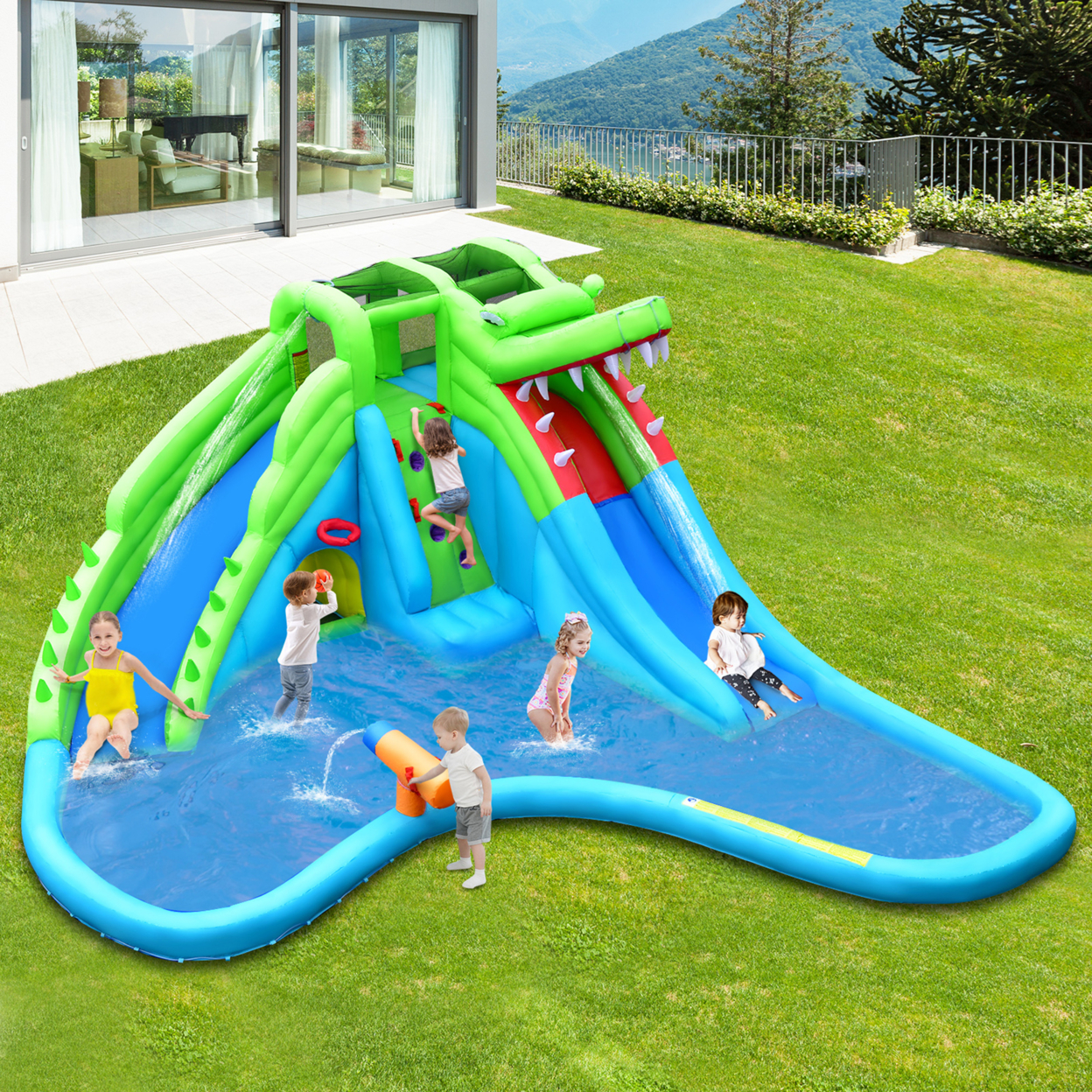 Crocodile Inflatable Water Slide Park Kids Bounce House W/ Dual Slides Without Blower