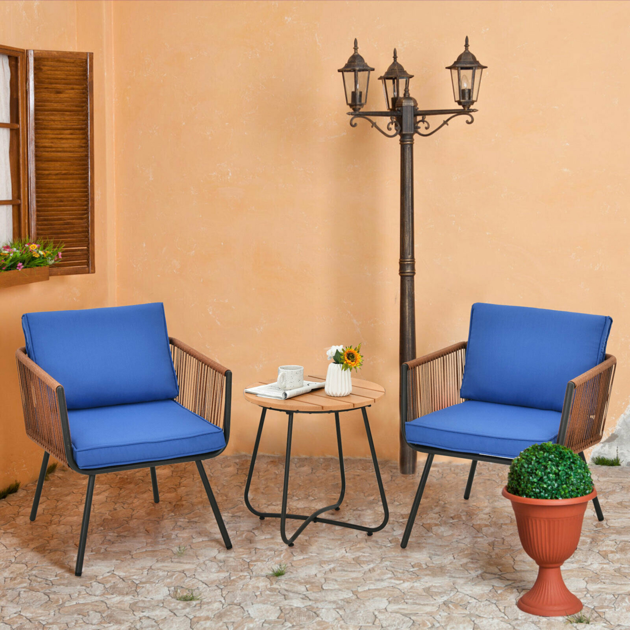 3PC Patio Birsto Furniture Set Cushioned Sofa Armrest Coffee Table Blue