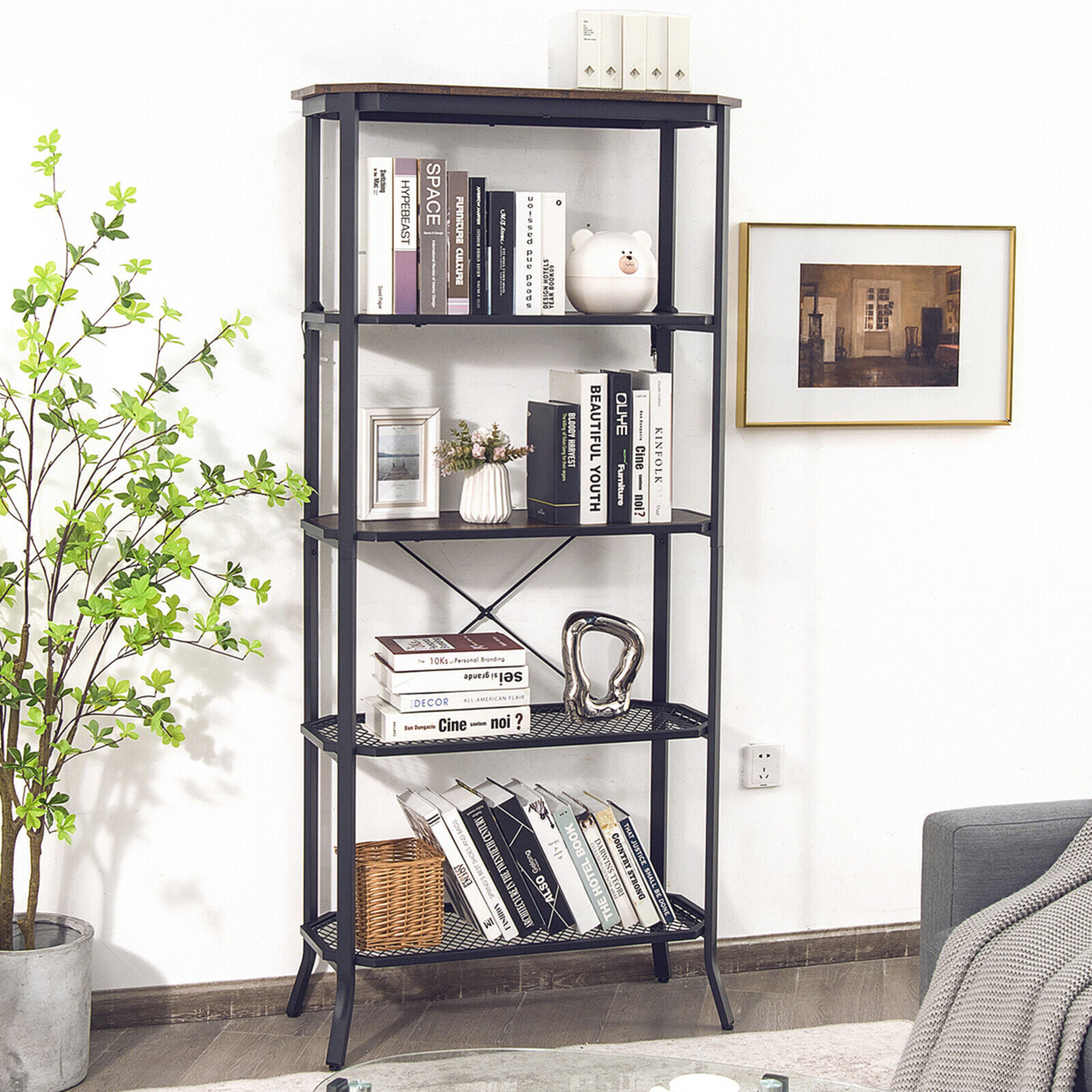 5 Tier Bookshelf Standing Storage Shelf Unit For Kitchen Living Room Office
