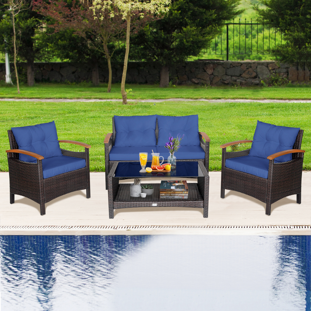 4-Piece Patio Rattan Furniture Set W/ Cushioned Sofa And Coffee Table Navy
