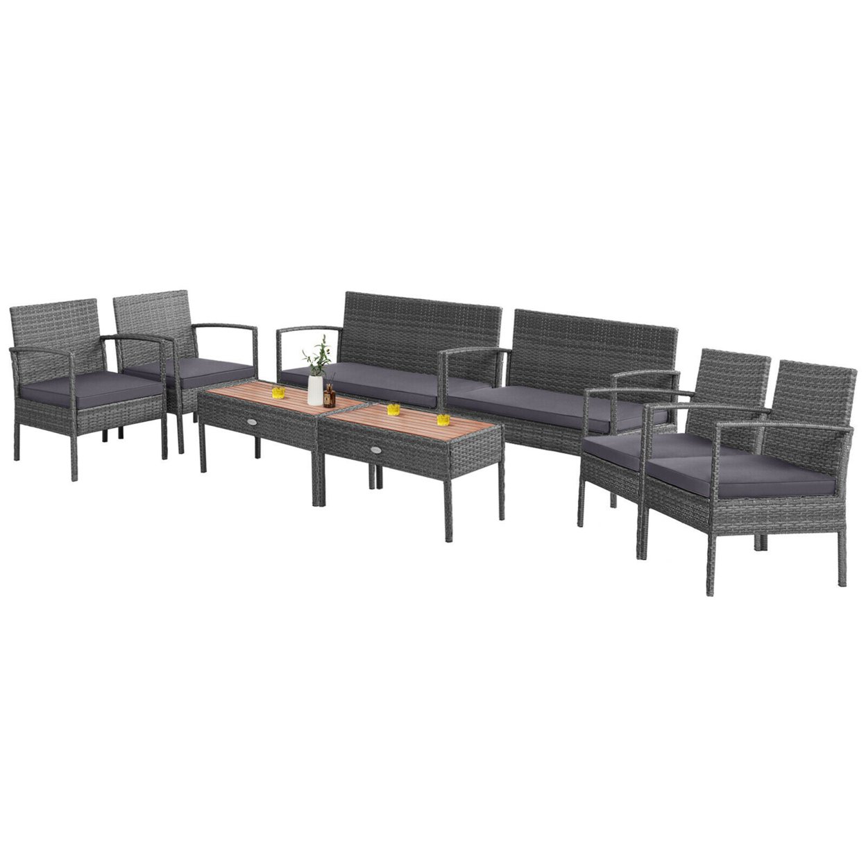 8PCS Rattan Patio Conversation Furniture Set W/ Acacia Wood Tabletop & Cushions