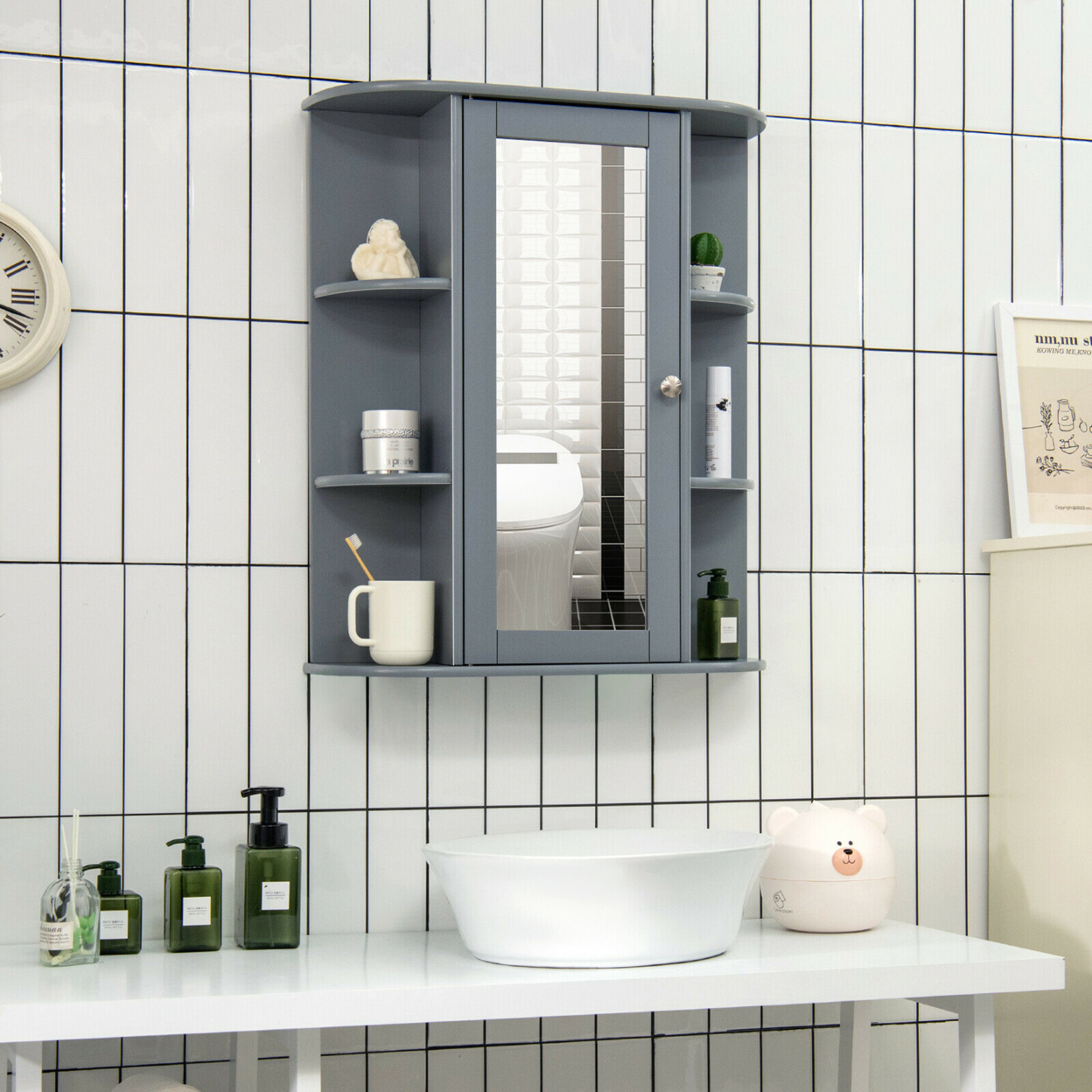Bathroom Cabinet Single Door Shelves Wall Mount Cabinet W/ Mirror Grey