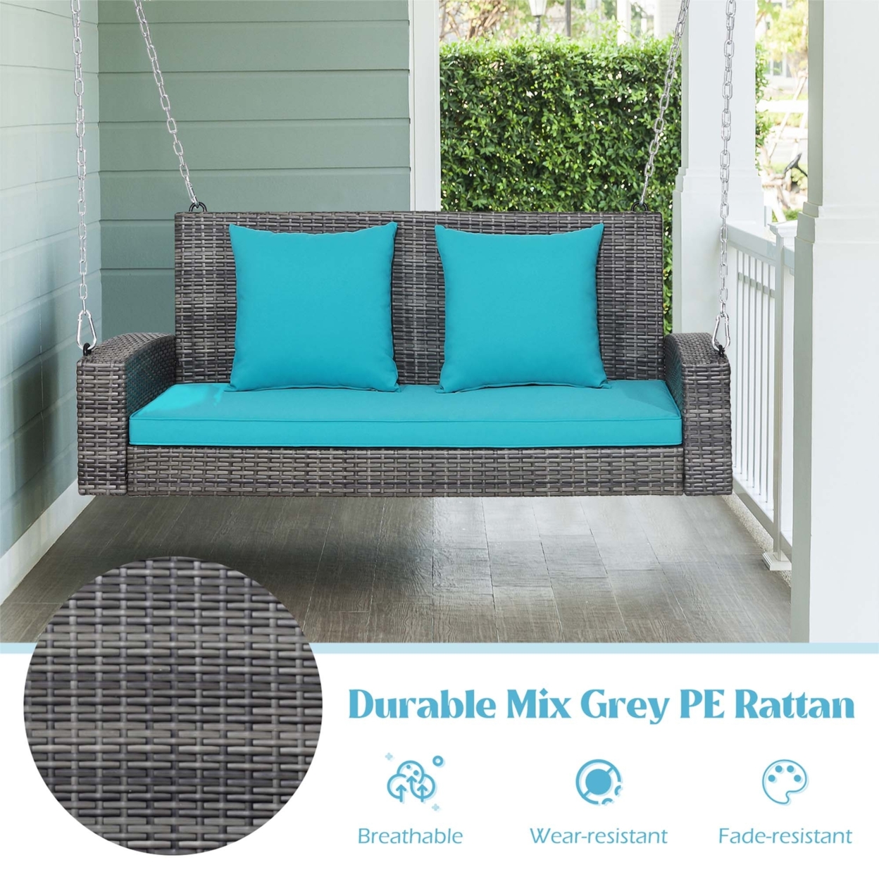 2-Person Patio Hanging Porch Swing Rattan 800LBS Swing Bench W/ Cushions - Turquoise