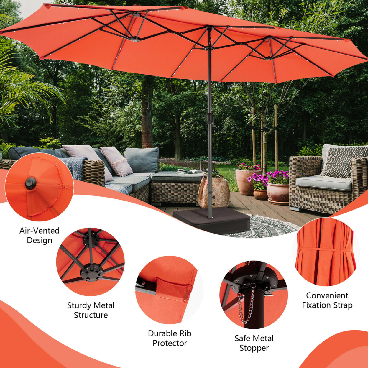 Outdoor 15' Double-Sided Patio Umbrella 48 Solar LED Lights Crank & Base - Wine