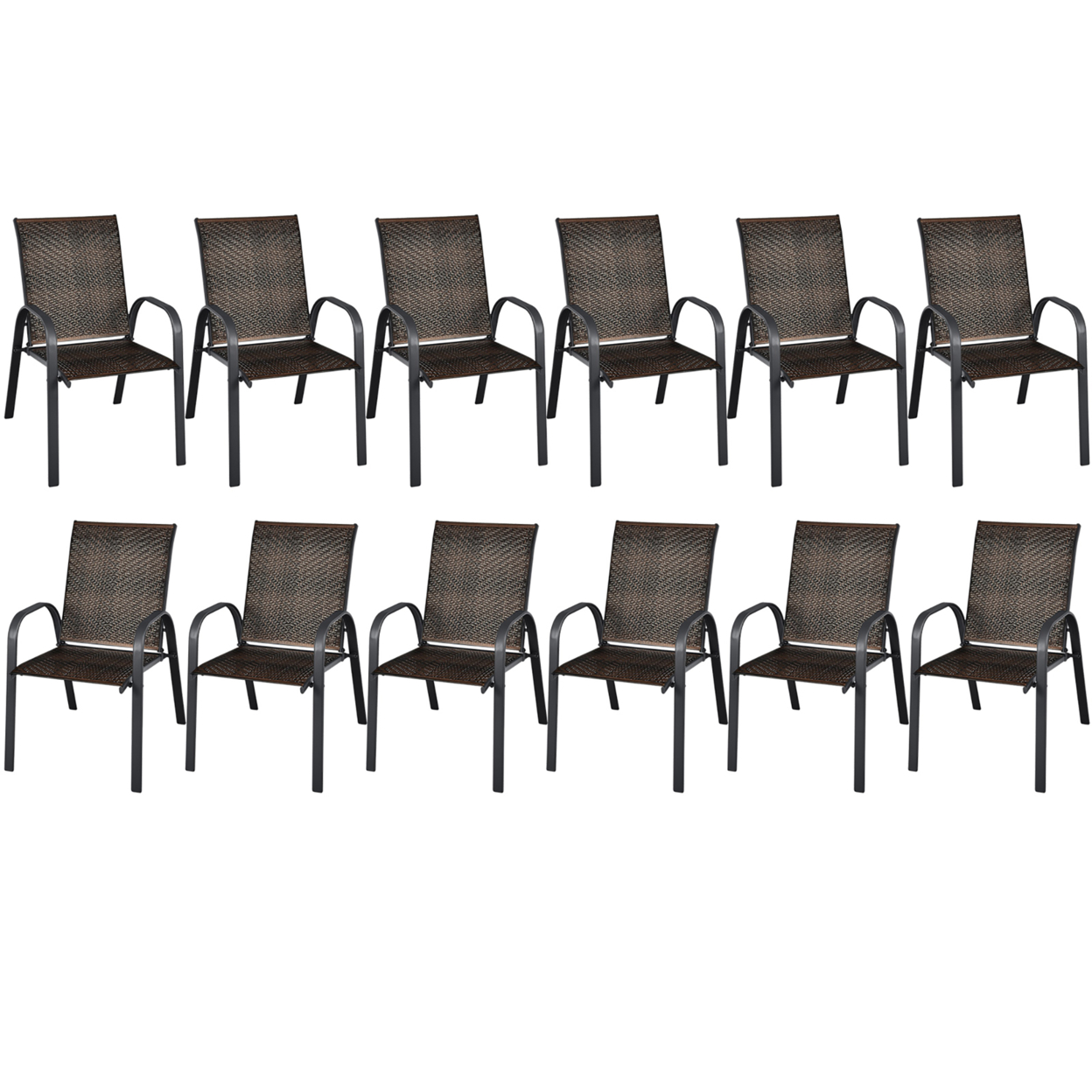 12PCS Outdoor PE Wicker Stacking Dining Chairs Patio Arm Chairs - Brown