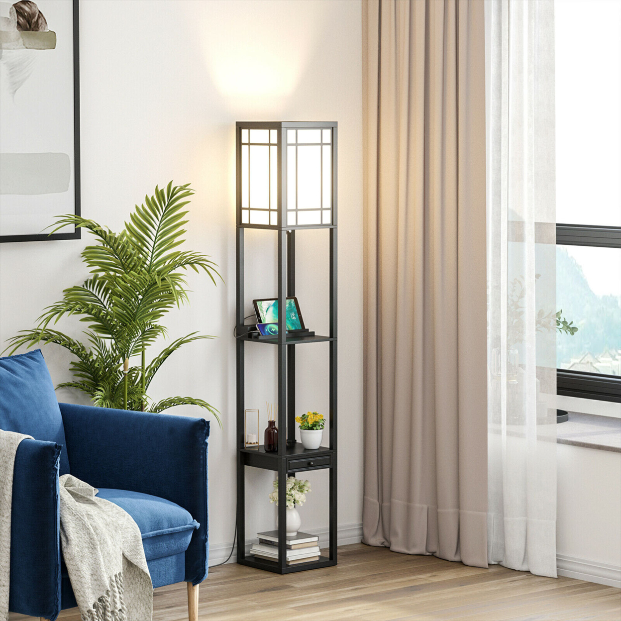 Modern Standing Shelf Floor Lamp W/ 1 Power Outlet & 2 USB Ports For Living Room