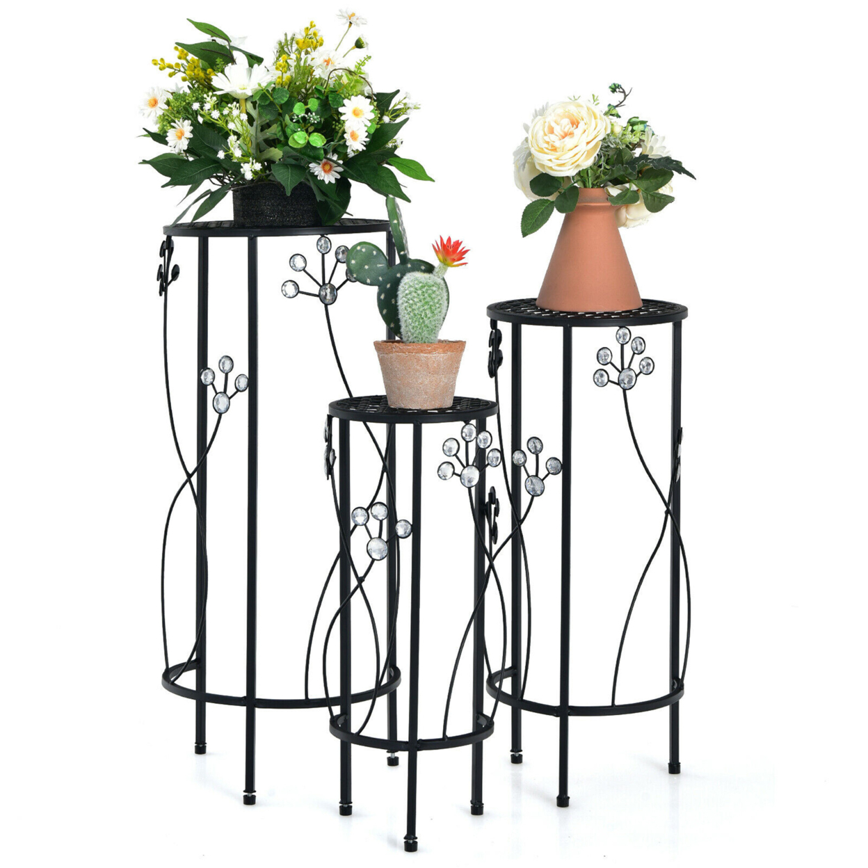 3 Pcs Metal Plant Stand Set Plant Pot Holder W/Crystal Floral Accents Round