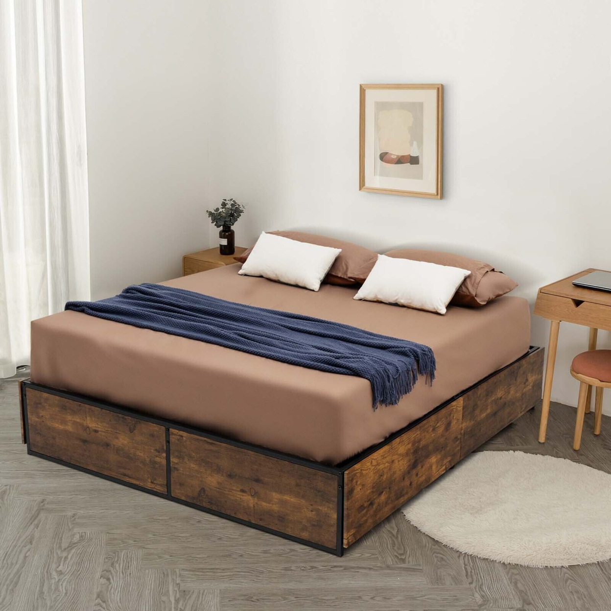 Full Industrial Metal Platform Bed Frame With 4 Drawers Wooden Footboard