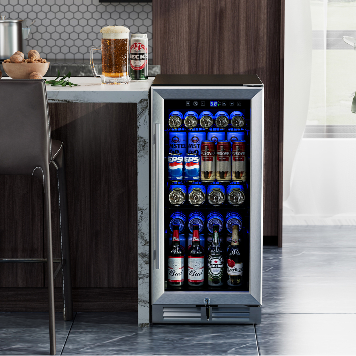 15 Inch Beverage Cooler Refrigerator 100 Can Built-in Freestanding Beverage