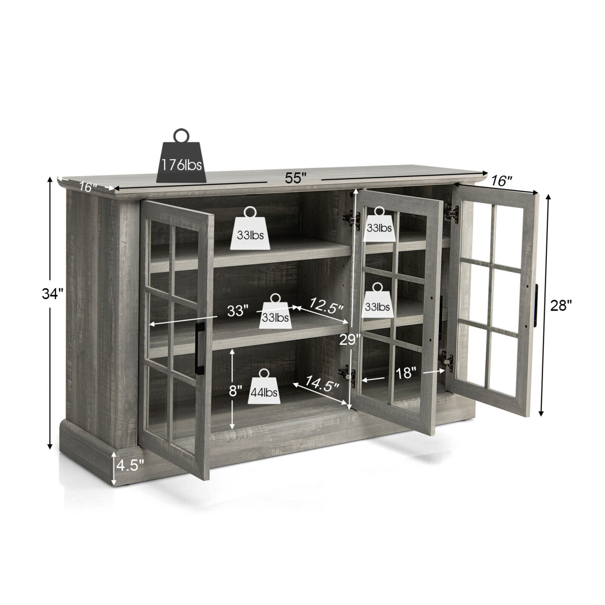 55'' Buffet Server Table Storage Cabinet Sideboard Glass Doors Adjustable Shelves
