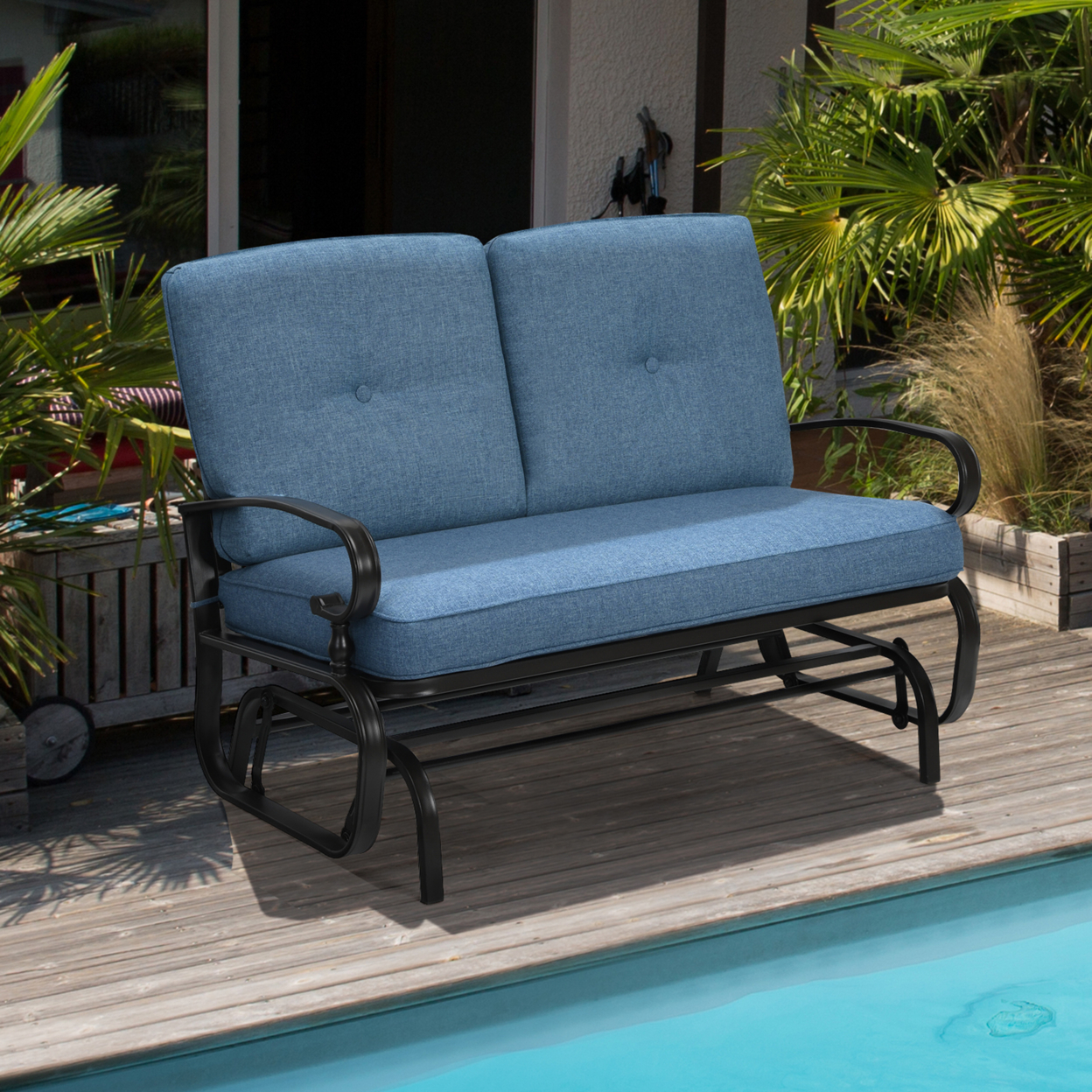 Patio Swing Glider Chair Rocking Loveseat Bench For 2 Persons W/ Blue Cushions