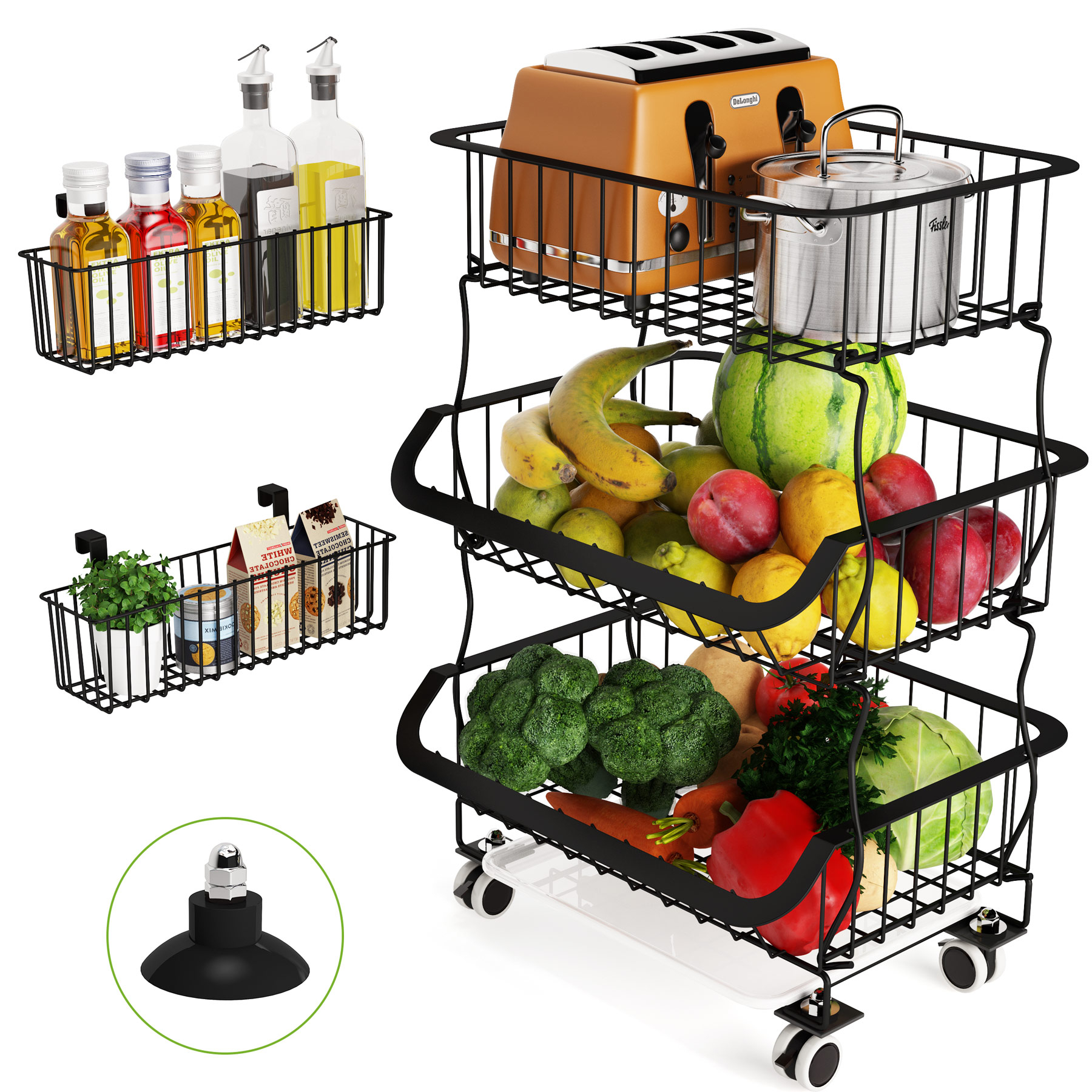 Fruit Basket, 1Easylife 3-Tier 5-Tier Stackable Metal Wire Basket Cart With Rolling Wheels, With 2 Free Basket - 5-Tier