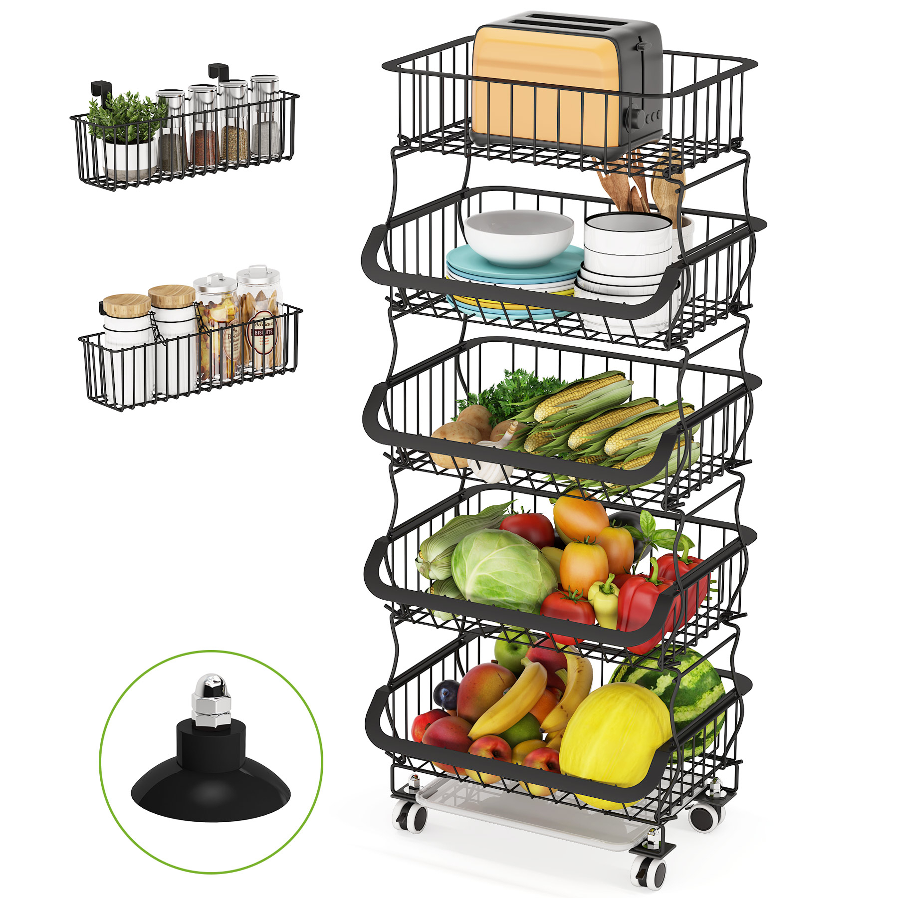 Fruit Basket, 1Easylife 3-Tier 5-Tier Stackable Metal Wire Basket Cart With Rolling Wheels, With 2 Free Basket - 5-Tier