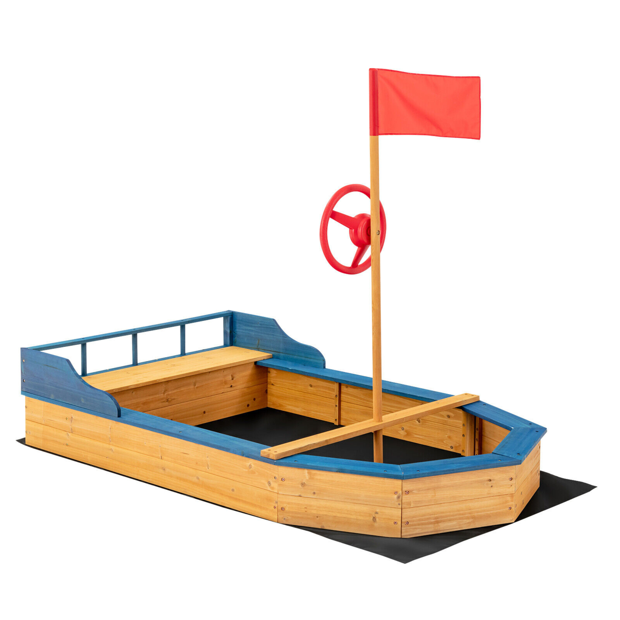 Kids Pirate Boat Wood Sandbox W/ Storage Box & Non-Woven Fabric Liner