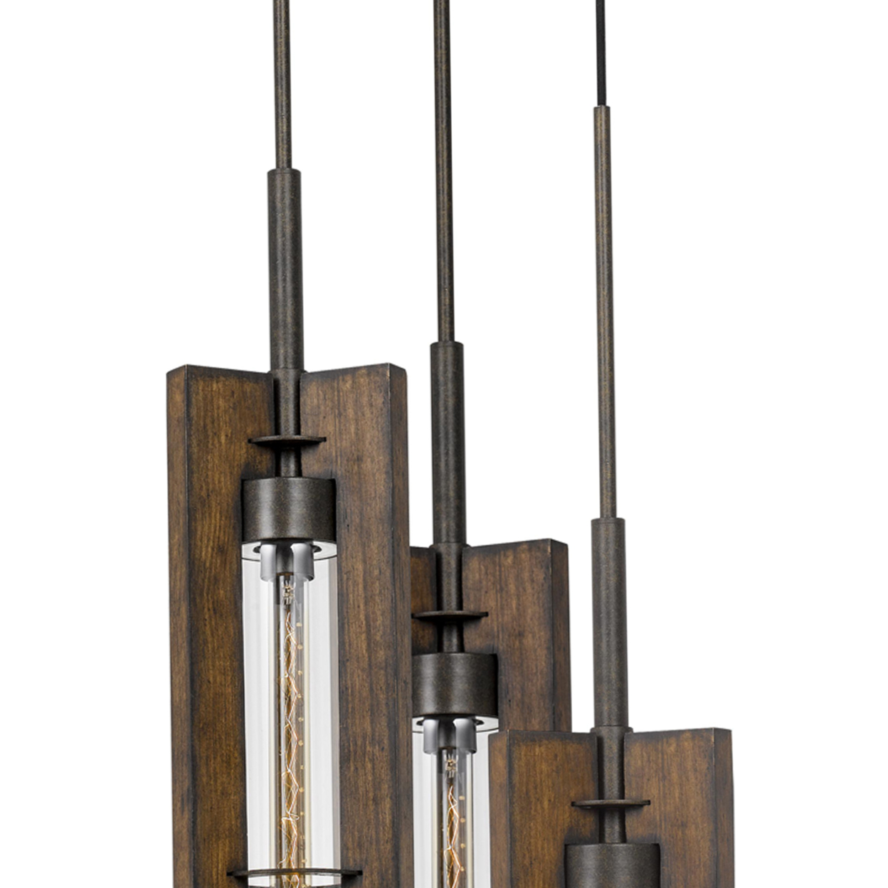 3 Bulb Wind Chime Design Chandelier With Wooden Shades, Brown And Black- Saltoro Sherpi