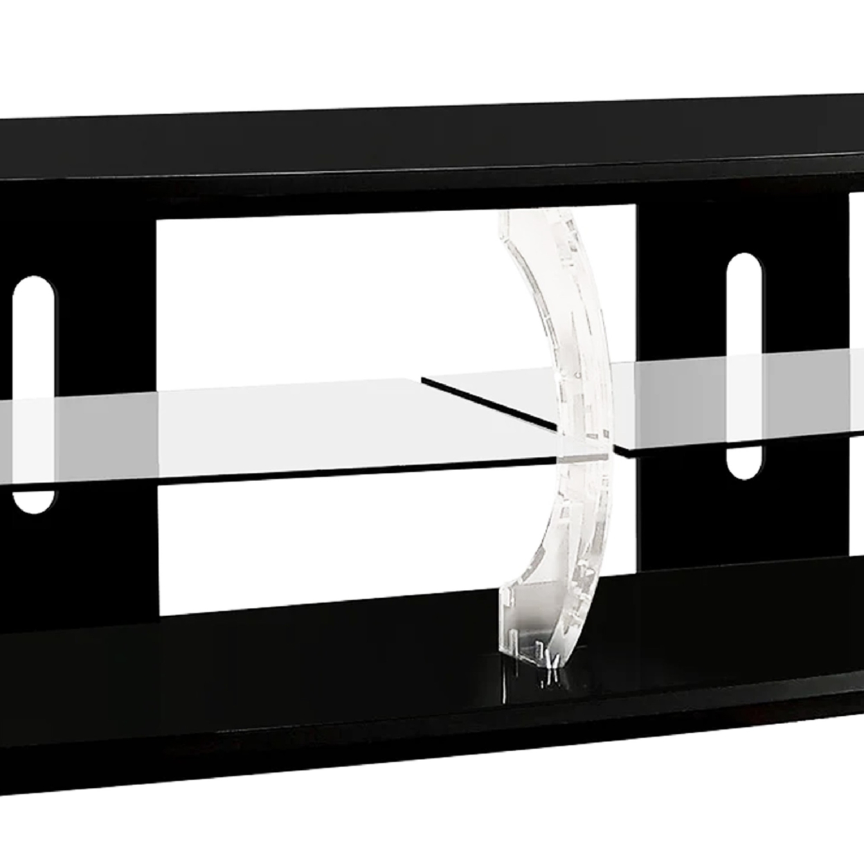 72 Wooden TV Stand With Spacious Glass Shelf, Black And Clear- Saltoro Sherpi