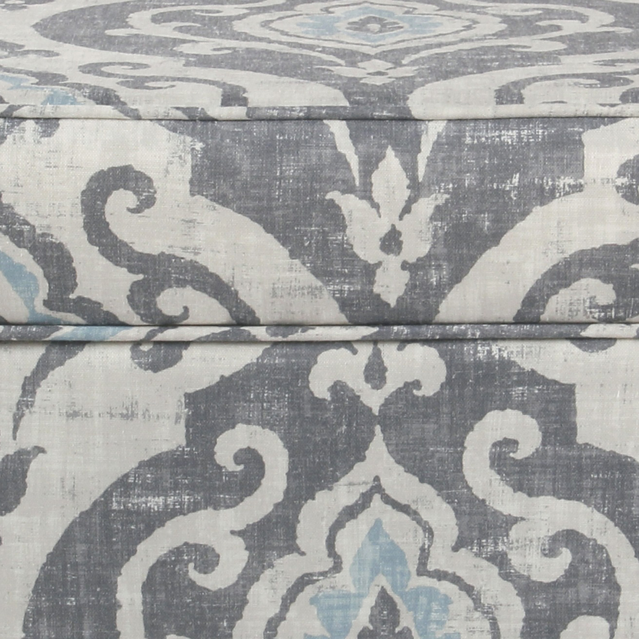 Wooden Ottoman With Patterned Fabric Upholstery And Hidden Storage, Gray And Blue- Saltoro Sherpi