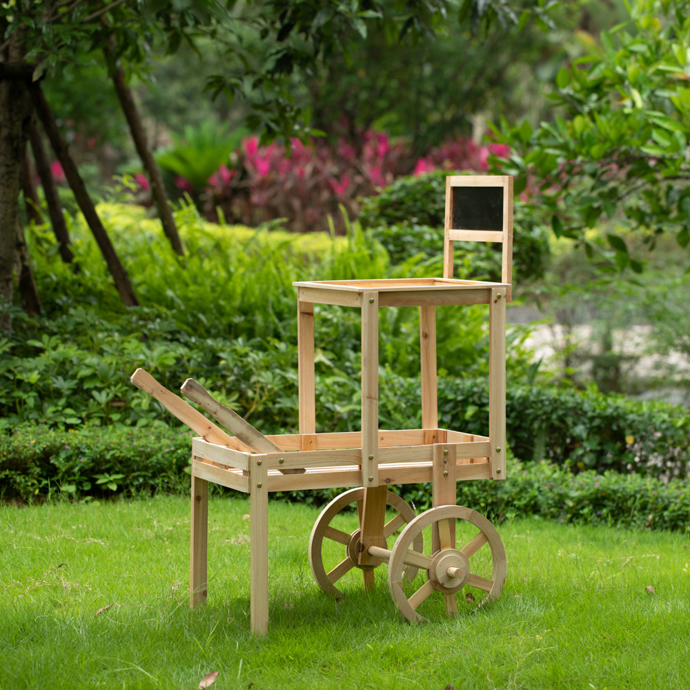 Wooden Decor Wagon Flower Stand Decoration Planter 2 Tier Vertical Pot Natural Garden Stand Wheels Cart Indoor Or Outdoor Decor