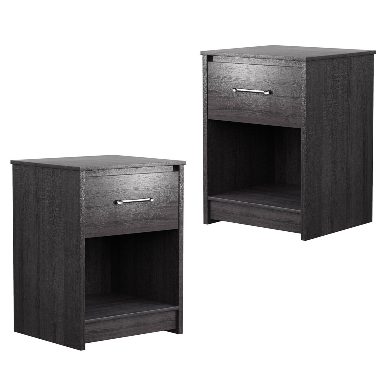 2PCS Nightstand With Drawer Storage Shelf Wooden End Side Table Bedroom Brown / Black / Natiral - Black