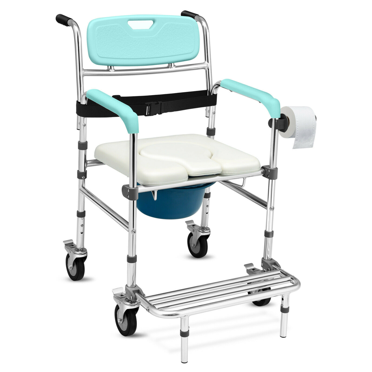 Medical Transport Commode Wheelchair Aluminum Shower Chair W/ Locking Casters