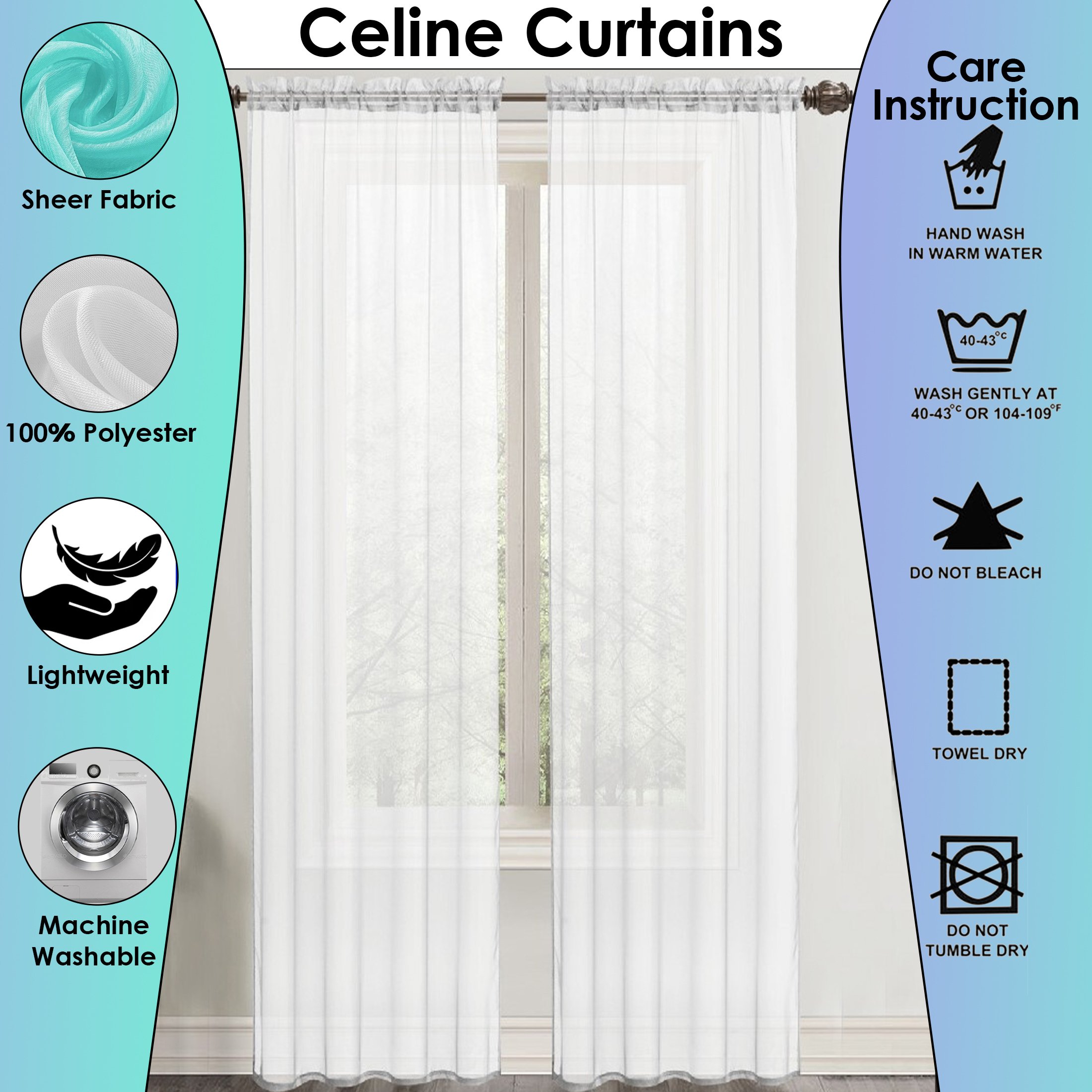 2-Panel: 90 Neutral Colored Celine Sheer Voile Drape Window Curtain Panel For Living Room & Bedroom - Gold