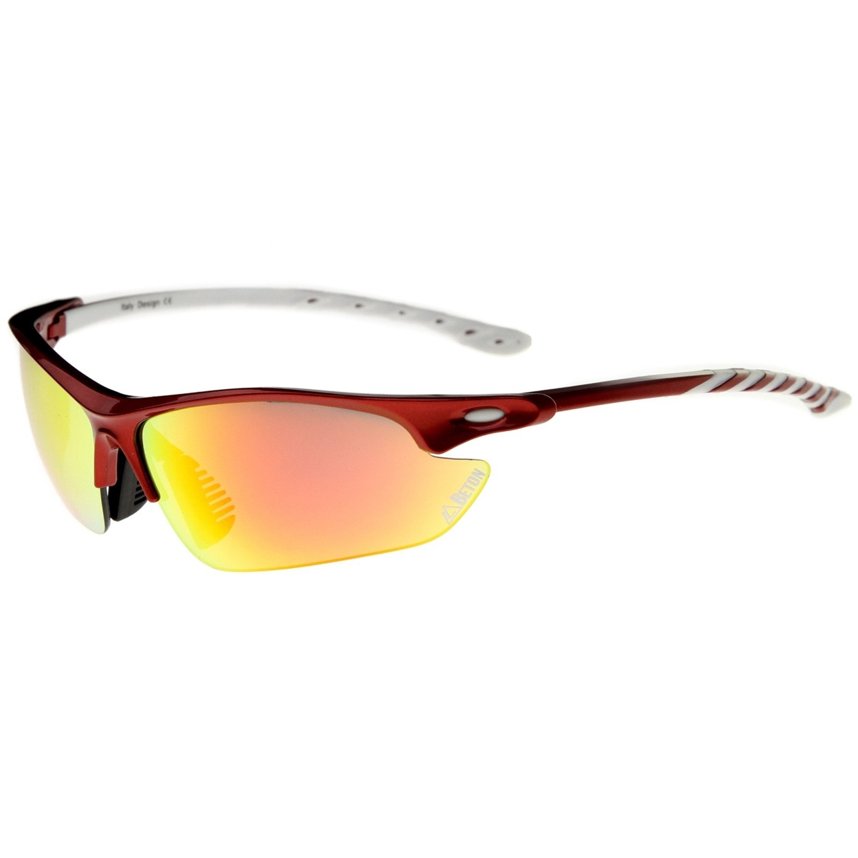 Helens - Two-Toned Half-Frame Color Mirror Lens Sports Wrap Sunglasses 75mm - Red-White / Orange Mirror