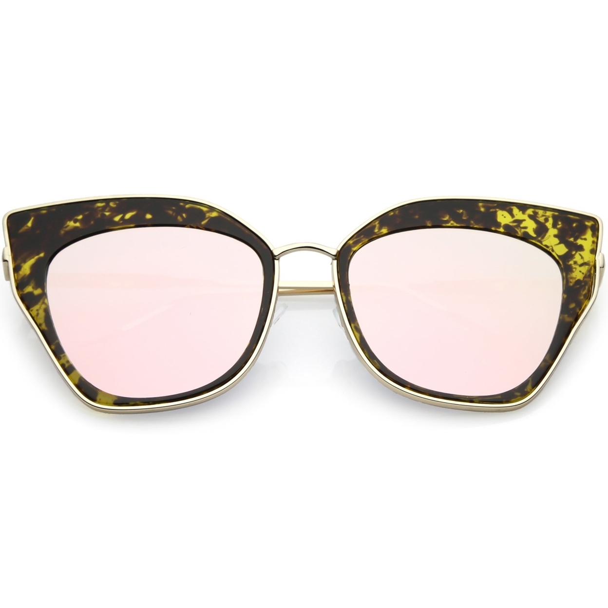 Oversize Pointed Cat Eye Sunglasses Slim Metal Nose Bridge Square Colored Mirror Lens 58mm - Gold Black / Blue Mirror