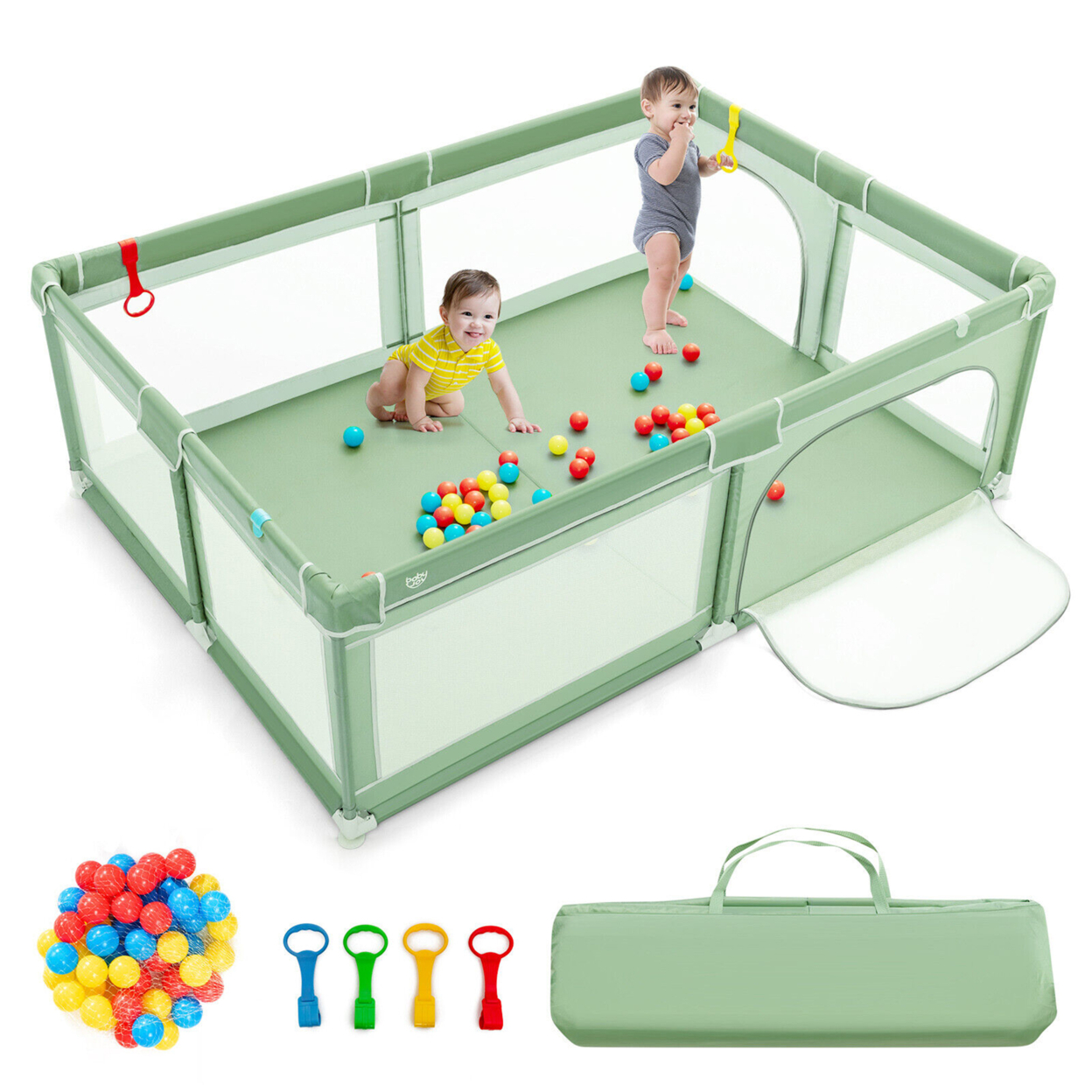 Gymax Baby Playpen Extra-Large Safety Baby Fence W/ Ocean Balls & Rings - Green