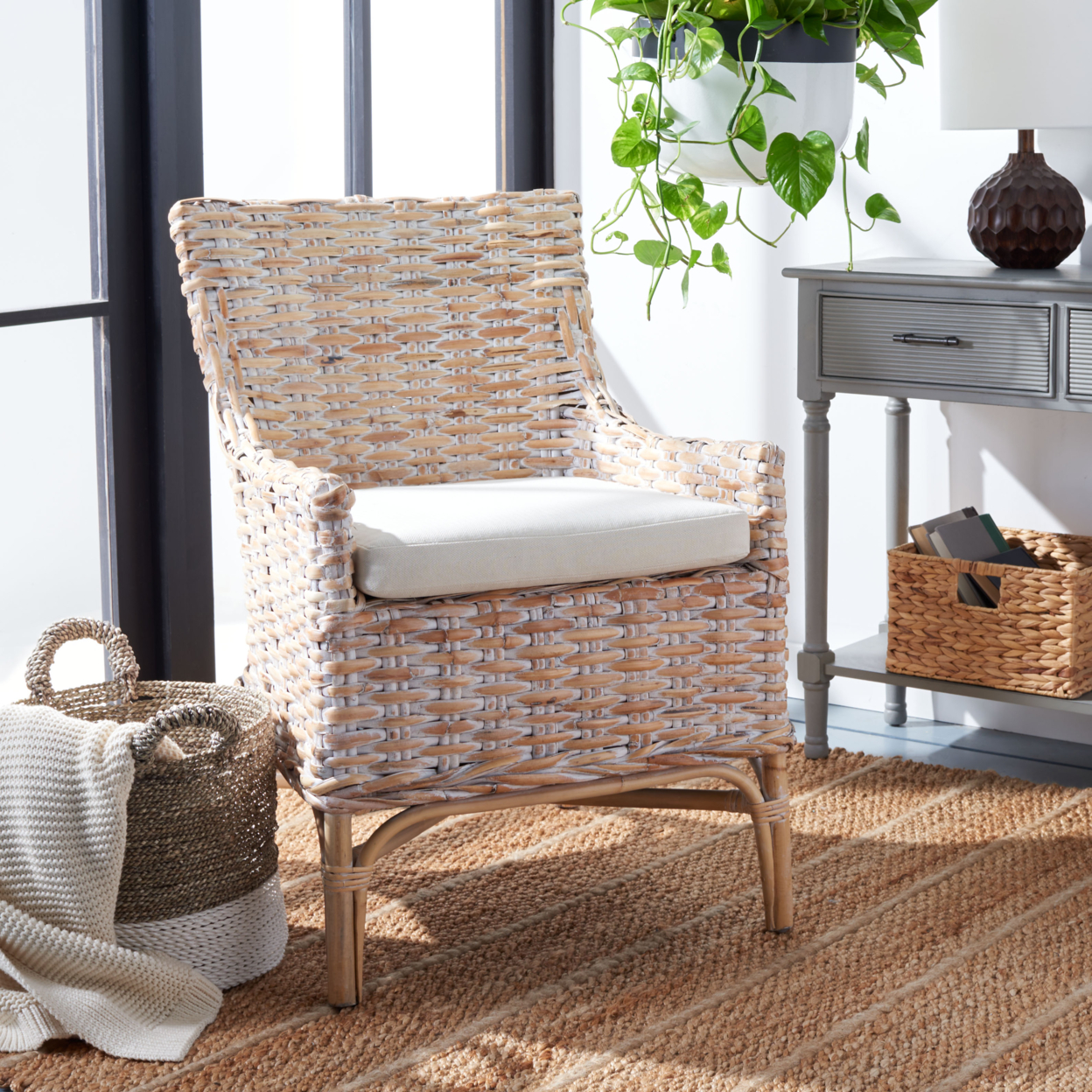 SAFAVIEH Cristen Rattan Accent Chair With Cushion Natural White Wash / White
