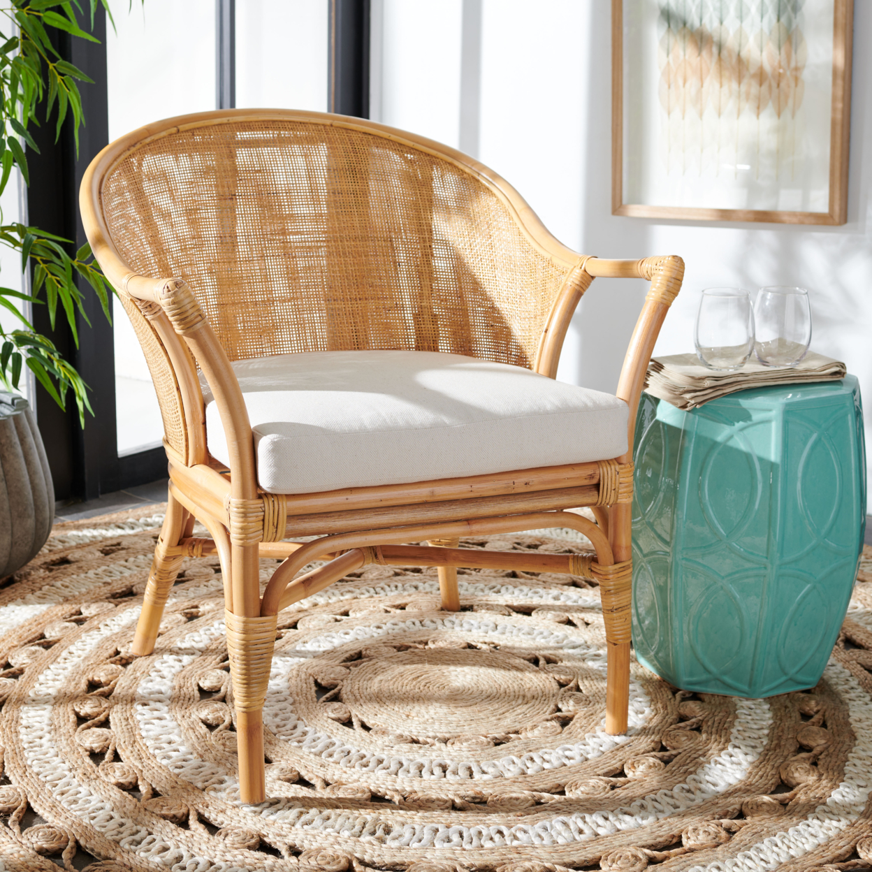 SAFAVIEH Dustin Rattan Accent Chair With Cushion Natural / White