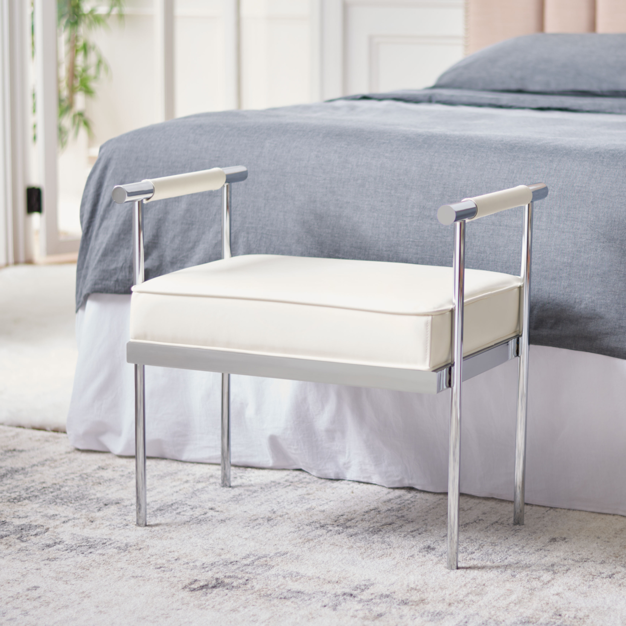SAFAVIEH Pim Small Rectangle Bench With Arms White / Chrome