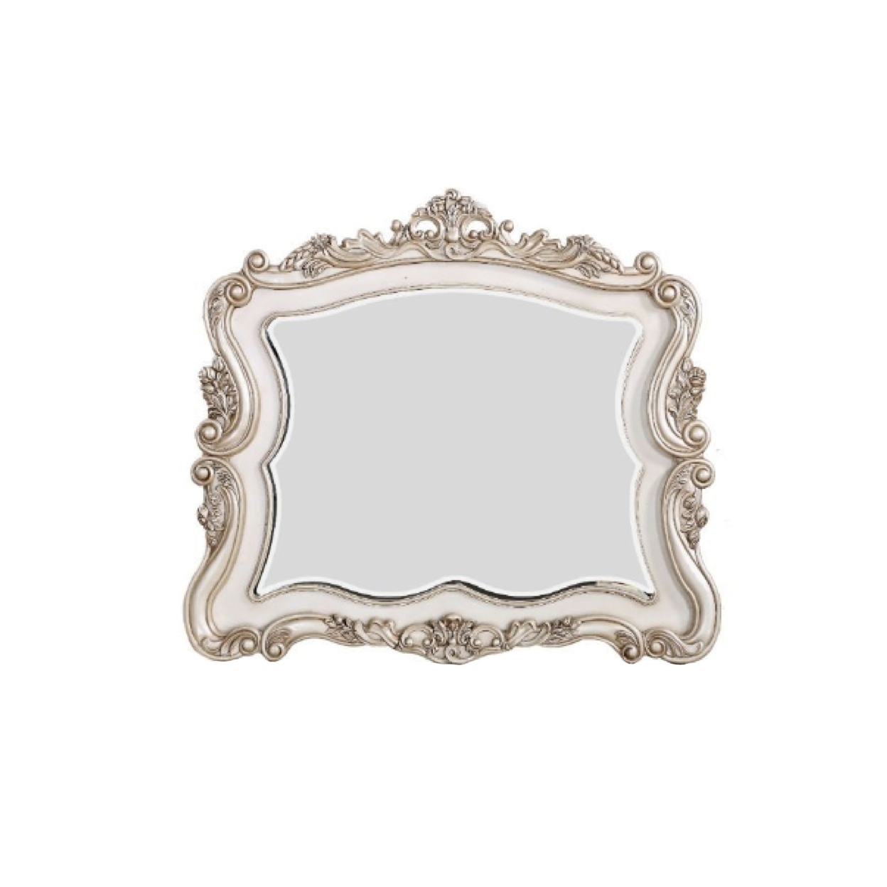 50 Inch Solid Wood Mirror, Scalloped, Scroll Ornate Trim, Antique White- Saltoro Sherpi
