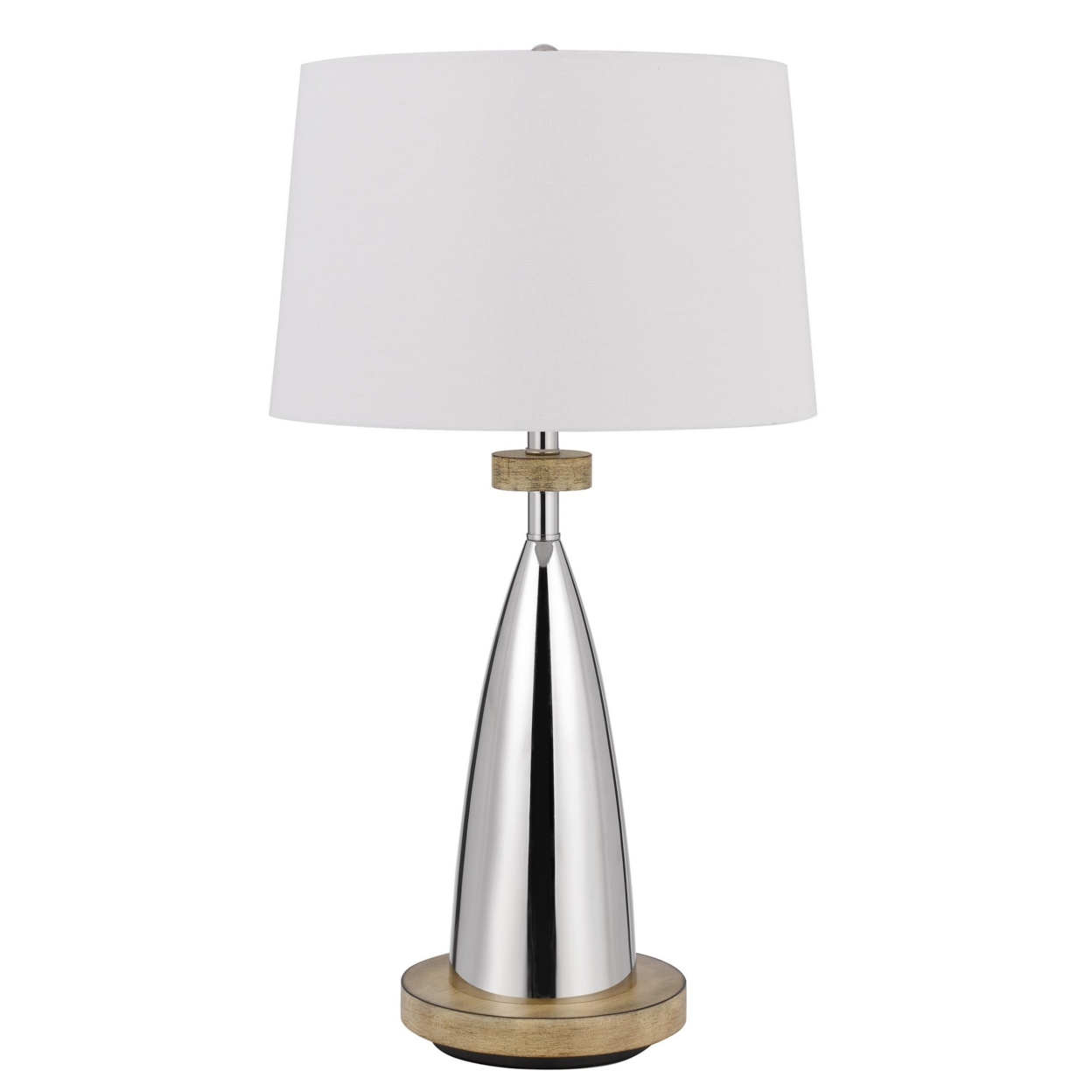 Charlie 31 Inch Modern Table Lamp, Drum Shade, Glossy Chrome, White, Brown- Saltoro Sherpi