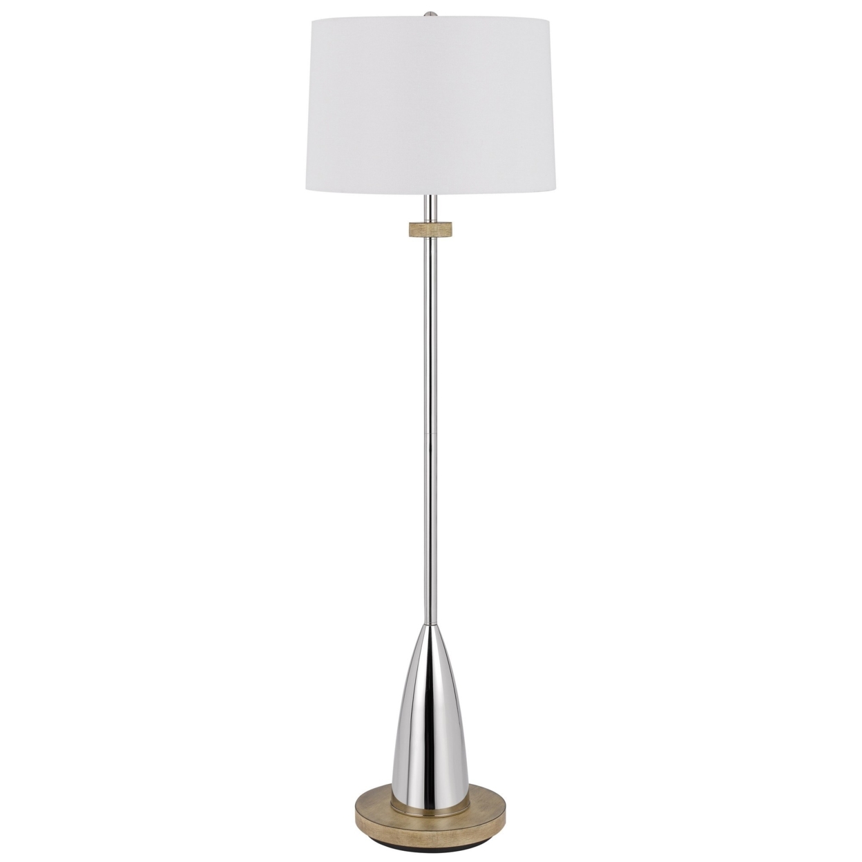 Charlie 61 Inch Modern Floor Lamp, Drum Shade, Glossy Chrome, White, Brown- Saltoro Sherpi