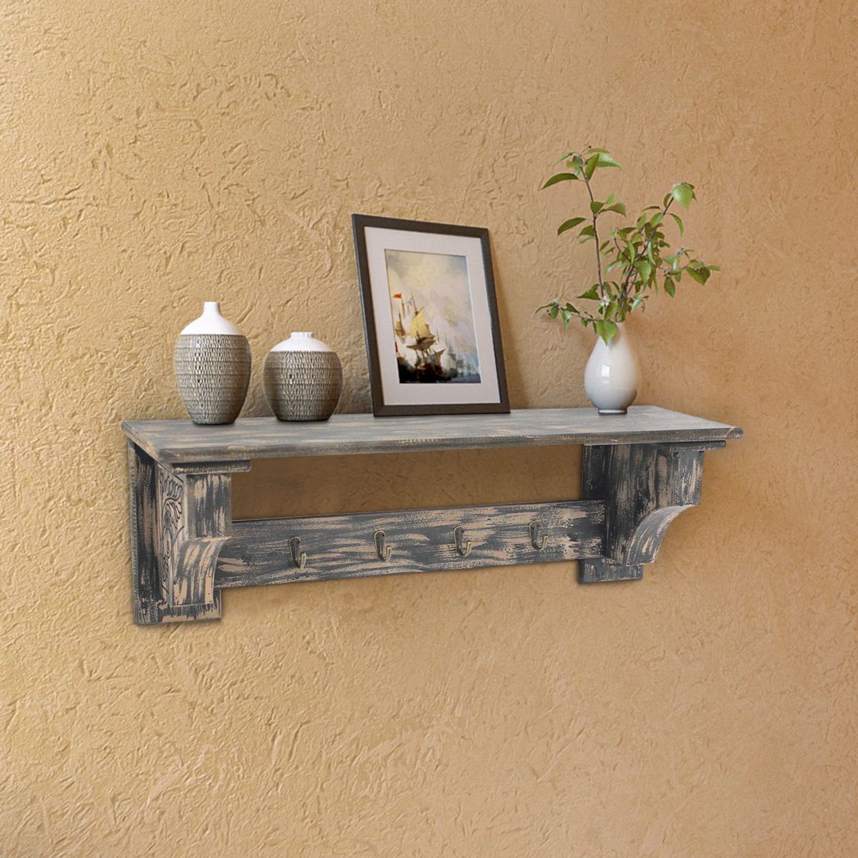 Wooden Wall Shelf With 4 Hooks And Carved Side Frames, Distressed Black- Saltoro Sherpi
